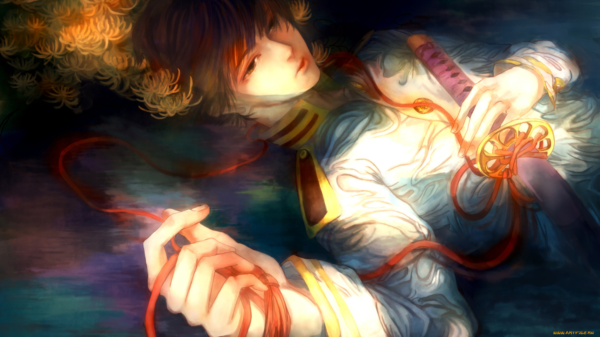 аниме, -weapon, , blood, &, technology, цветы, вода, оружие, катана, парень