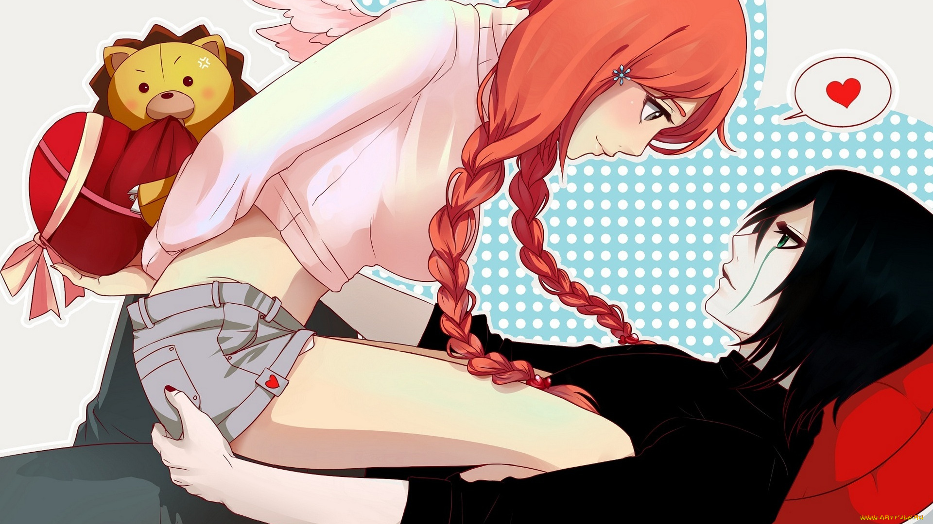 аниме, bleach, арт, подарок, крылья, улыбка, ulquiorra, schiffer, inoue, orihime, elfless, vanilla, marmalade, парень, девушка, kon