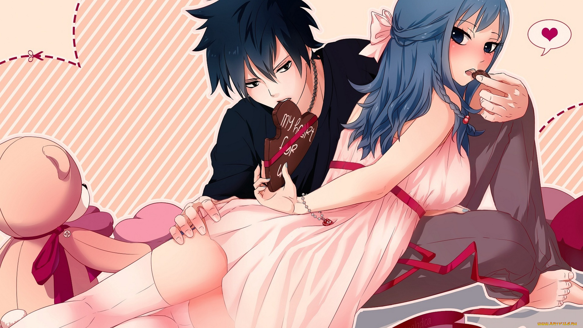 аниме, fairy, tail, gray, fullbuster, сердечки, fairy, tail, ленты, парень, juvia, loxar, сказка, о, хвосте, феи, elfless, vanilla, арт, marmalade, шоколад, девушка