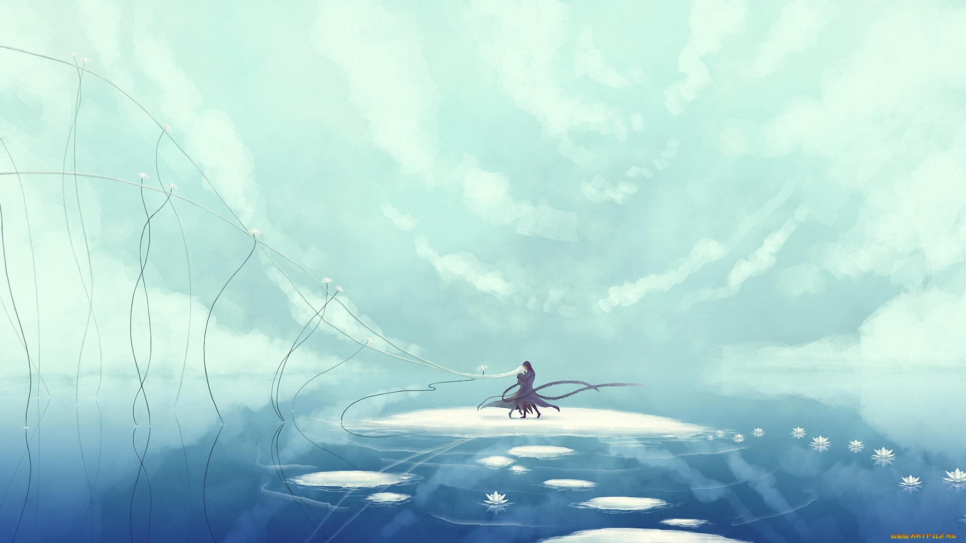 аниме, *unknown, , другое, девушка, парень, объятия, танец, острова, лотосы, цветы