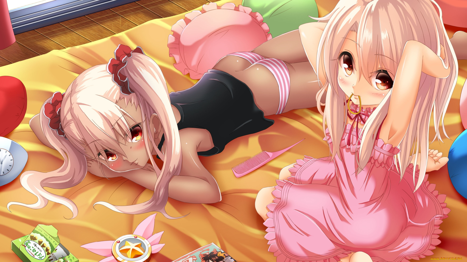 аниме, *unknown, , другое, девушки, кровать, подушки, расческа