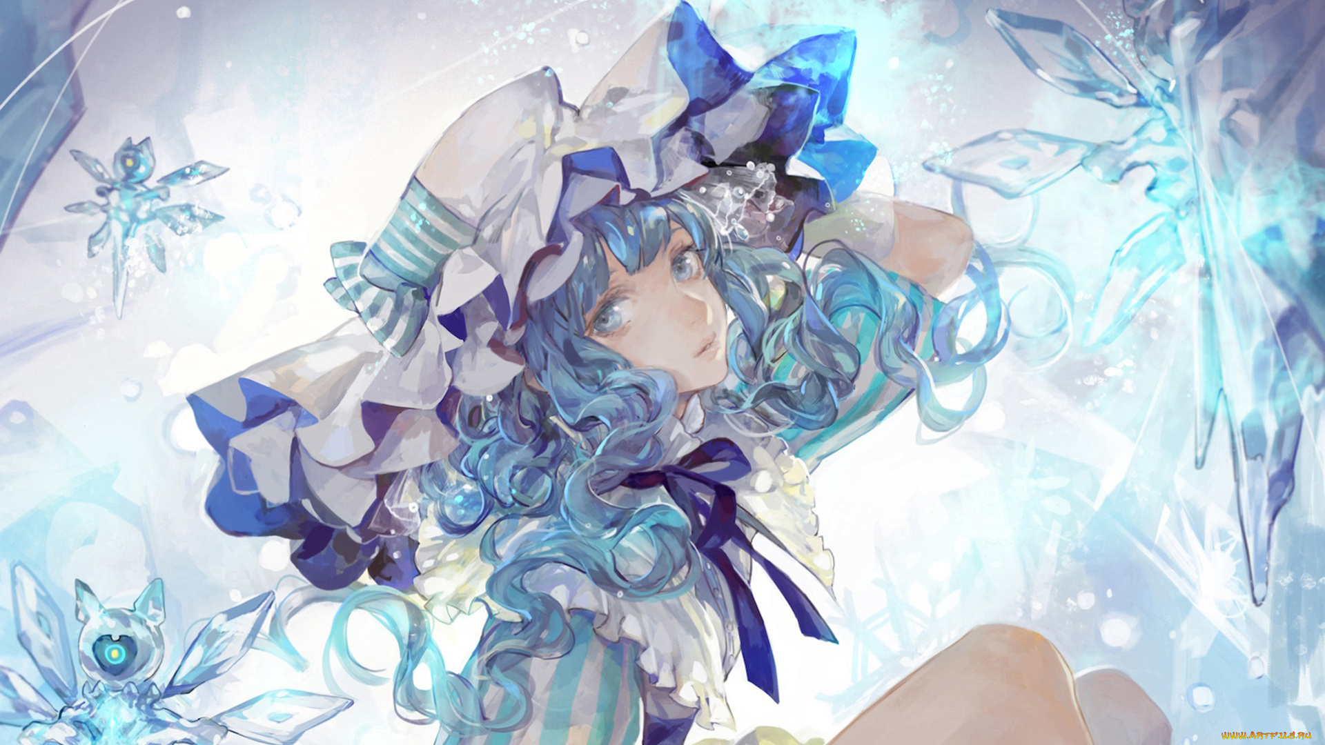 аниме, *unknown, , другое, лед, кудри, снежинки, бант, шляпа, девушка
