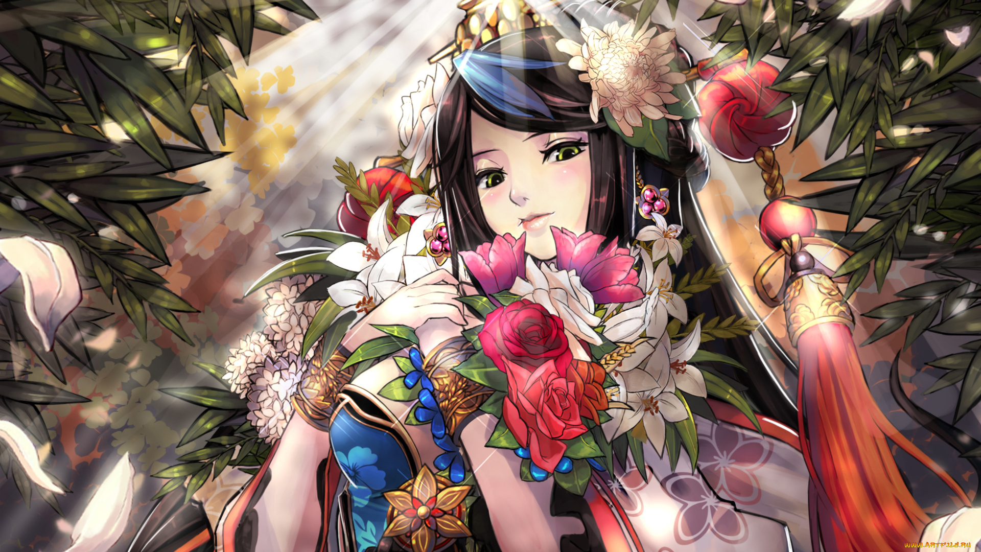 аниме, *unknown, , другое, листья, лепестки, украшения, девушка, цветы, букет