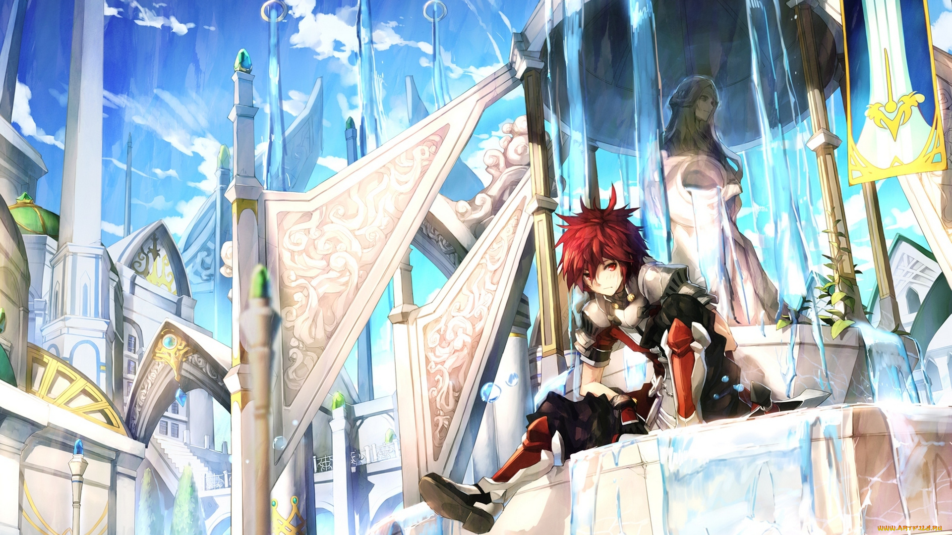 аниме, *unknown, , другое, облака, дома, город, броня, парень, scorpion5050, арт, небо, фонтан, растение, вода, статуя