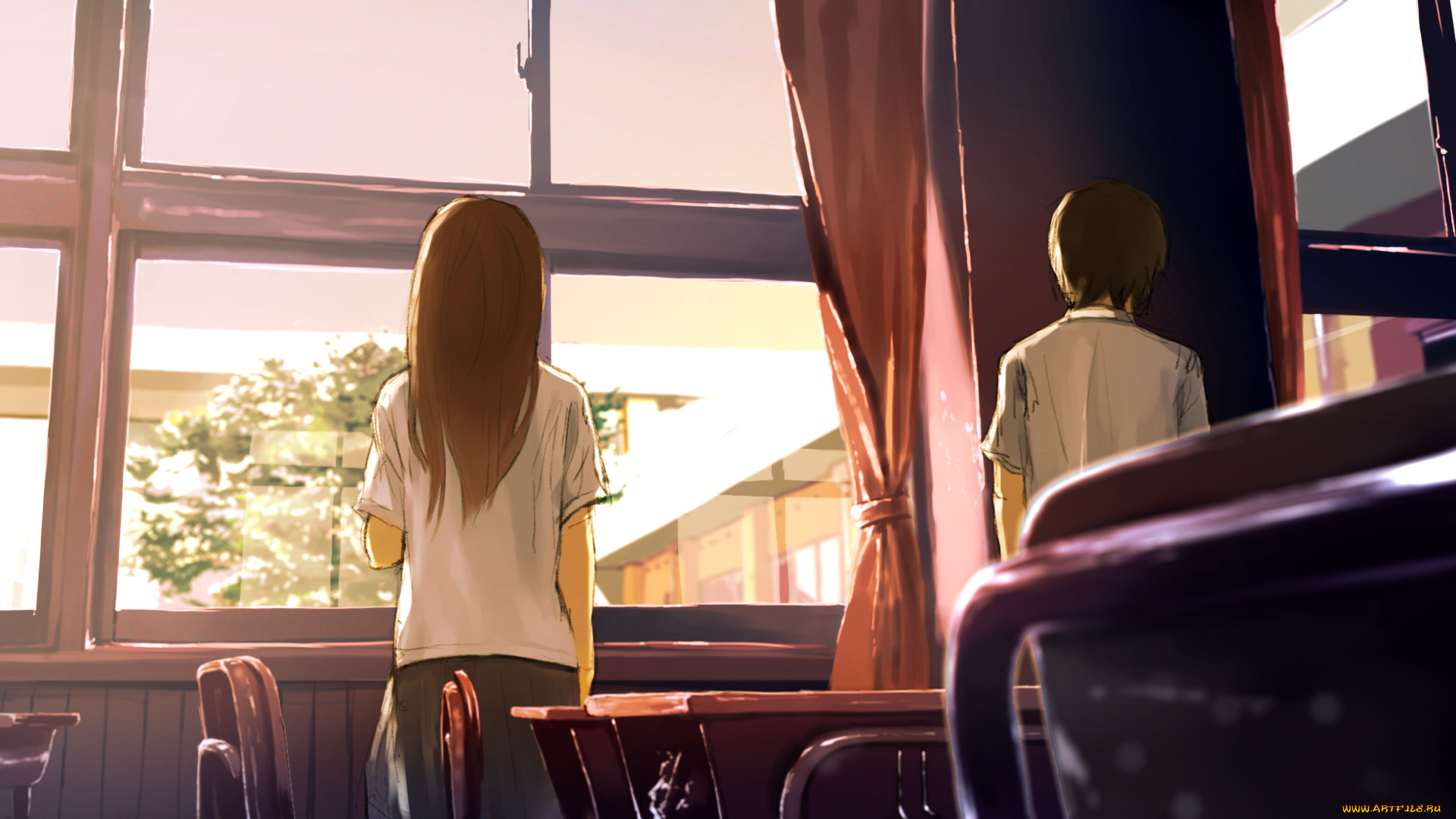 аниме, *unknown, , другое, парень, окно, школа, класс, девушка, loundraw, арт