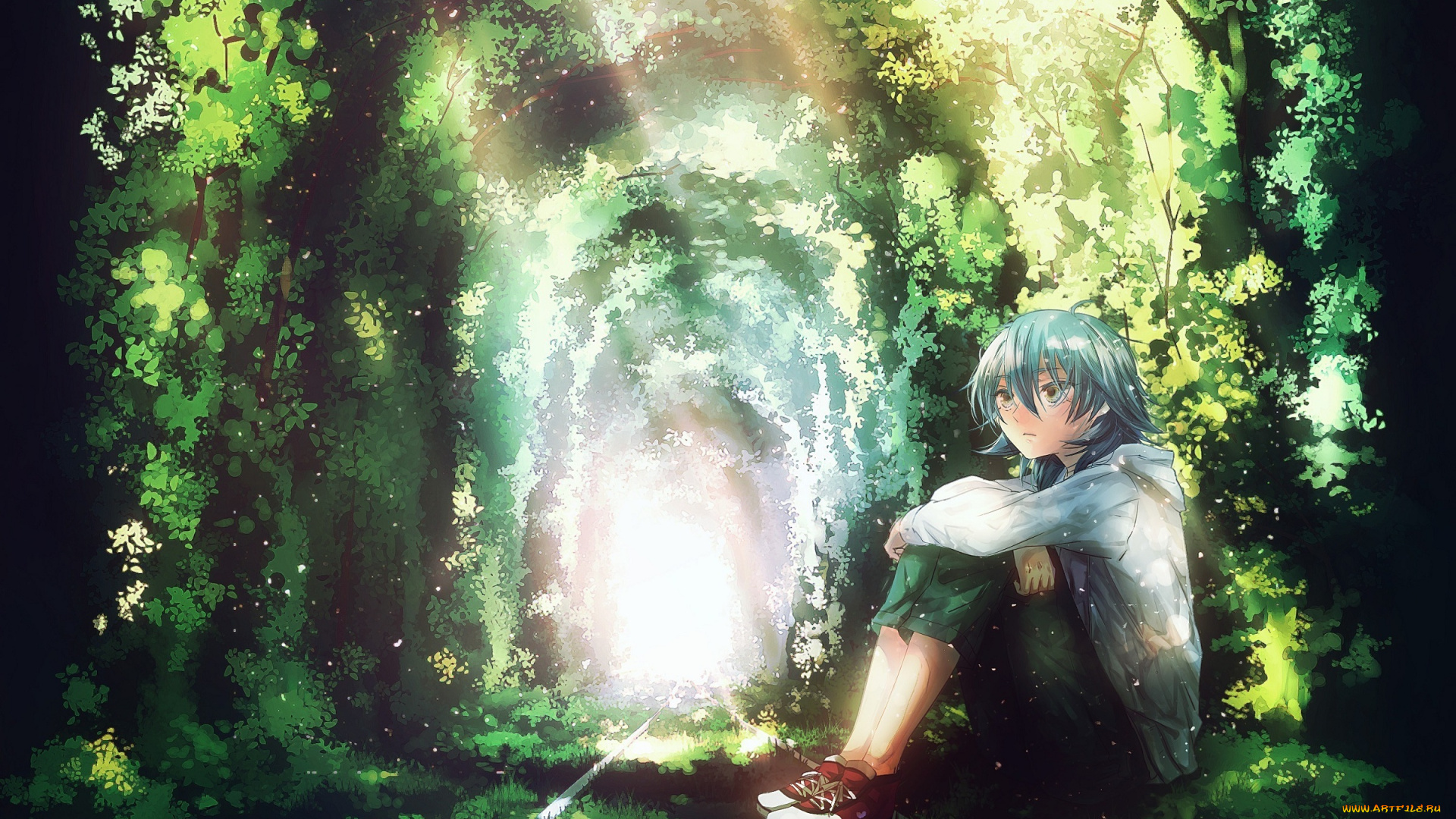 аниме, *unknown, , другое, парень, зелень, арт, сидит