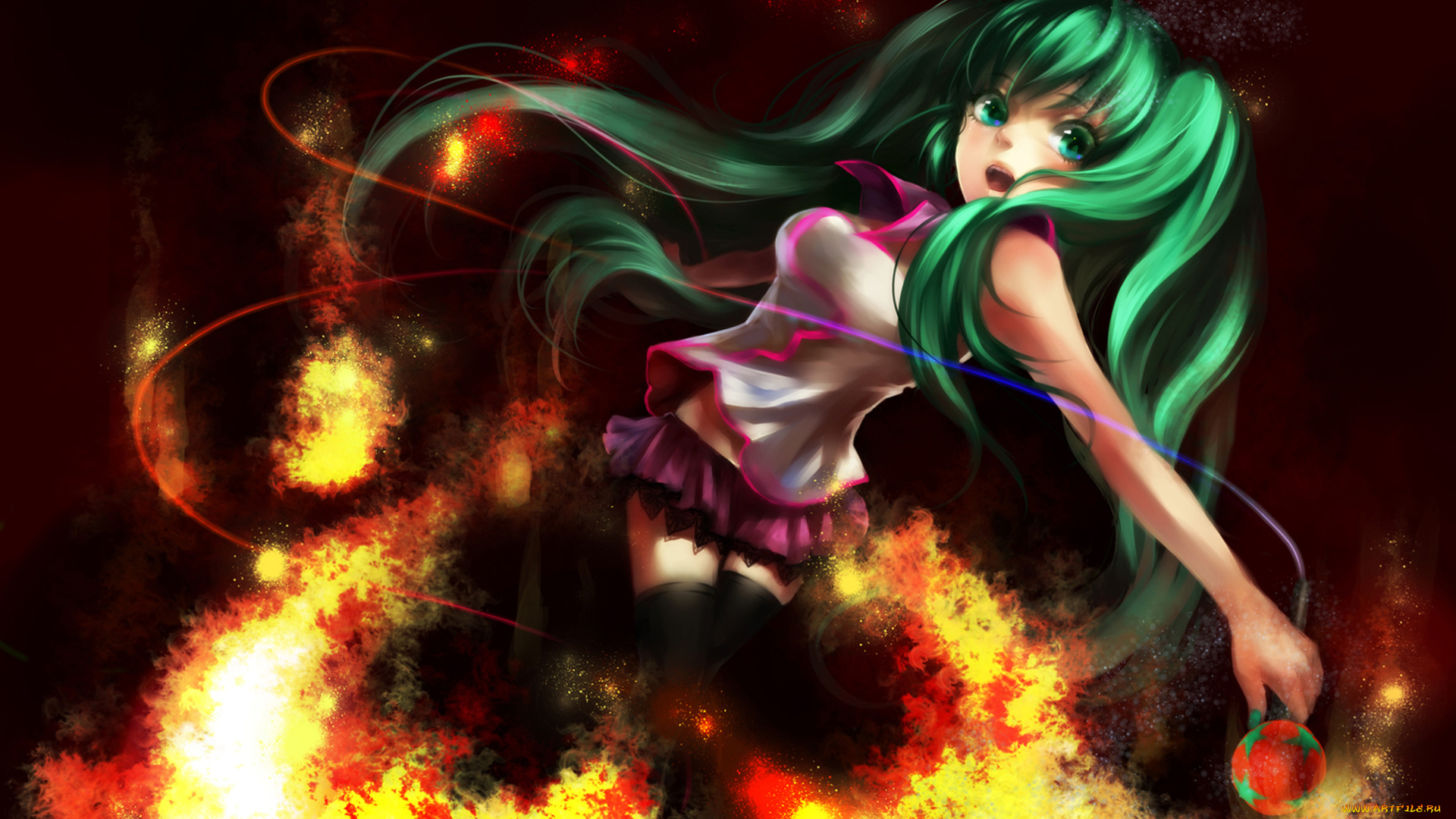 аниме, vocaloid, искры, микрофон, огонь, miku, девушка, зеленые, волосы