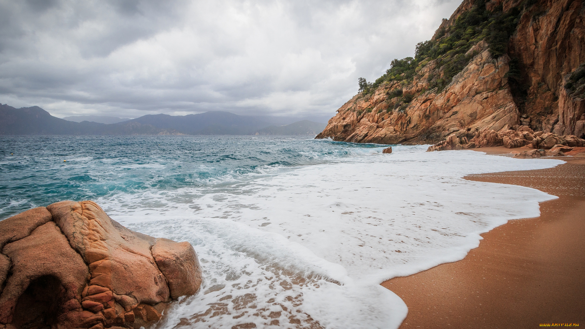 природа, побережье, океан, пляж, скалы, дымка