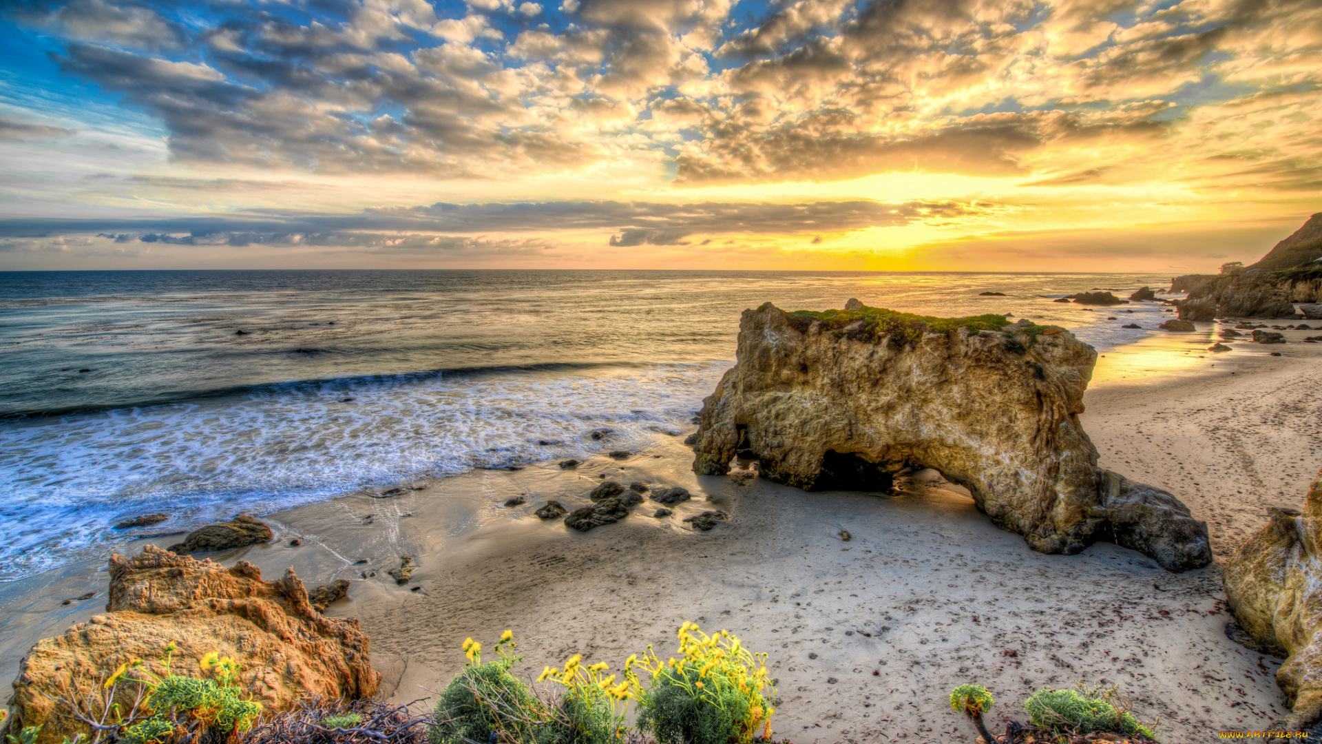 природа, побережье, океан, пляж, скалы, солнце