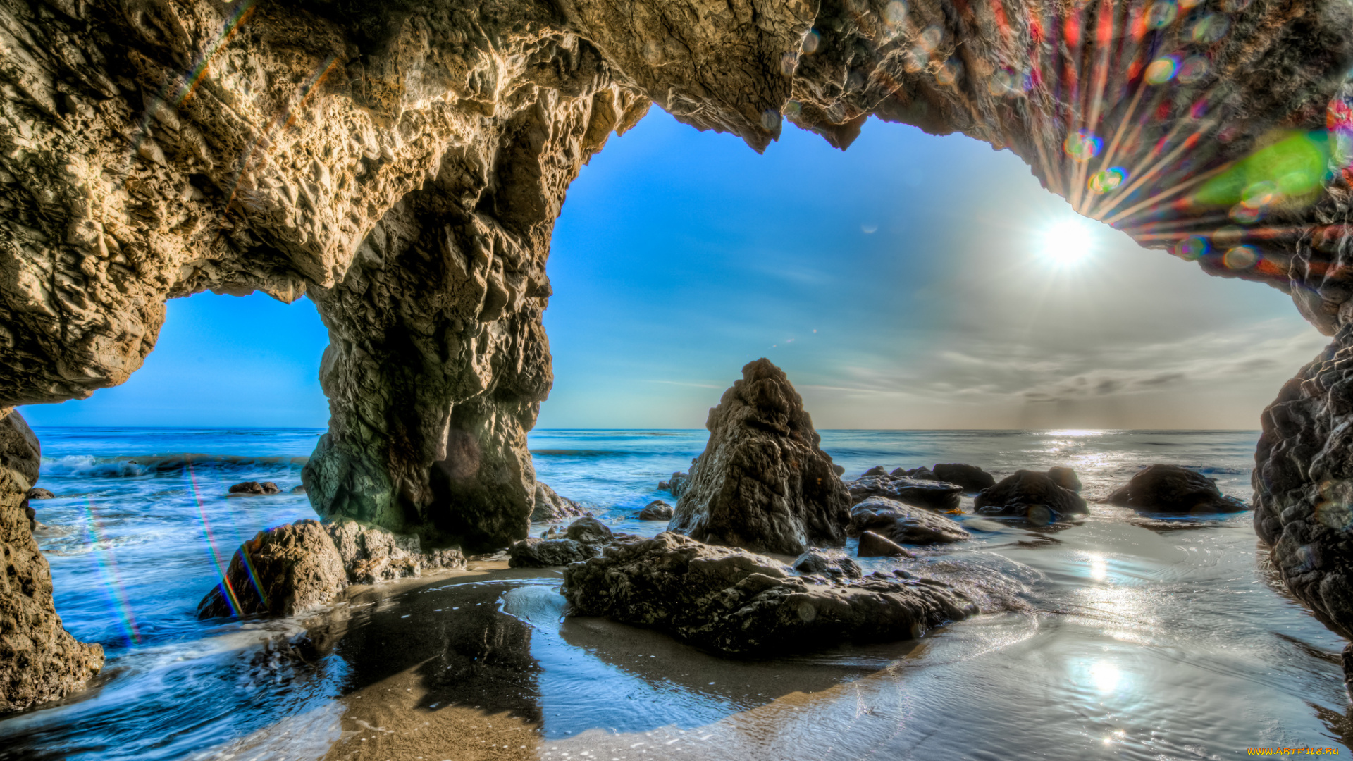 природа, побережье, океан, скалы, арка, горизонт, солнце