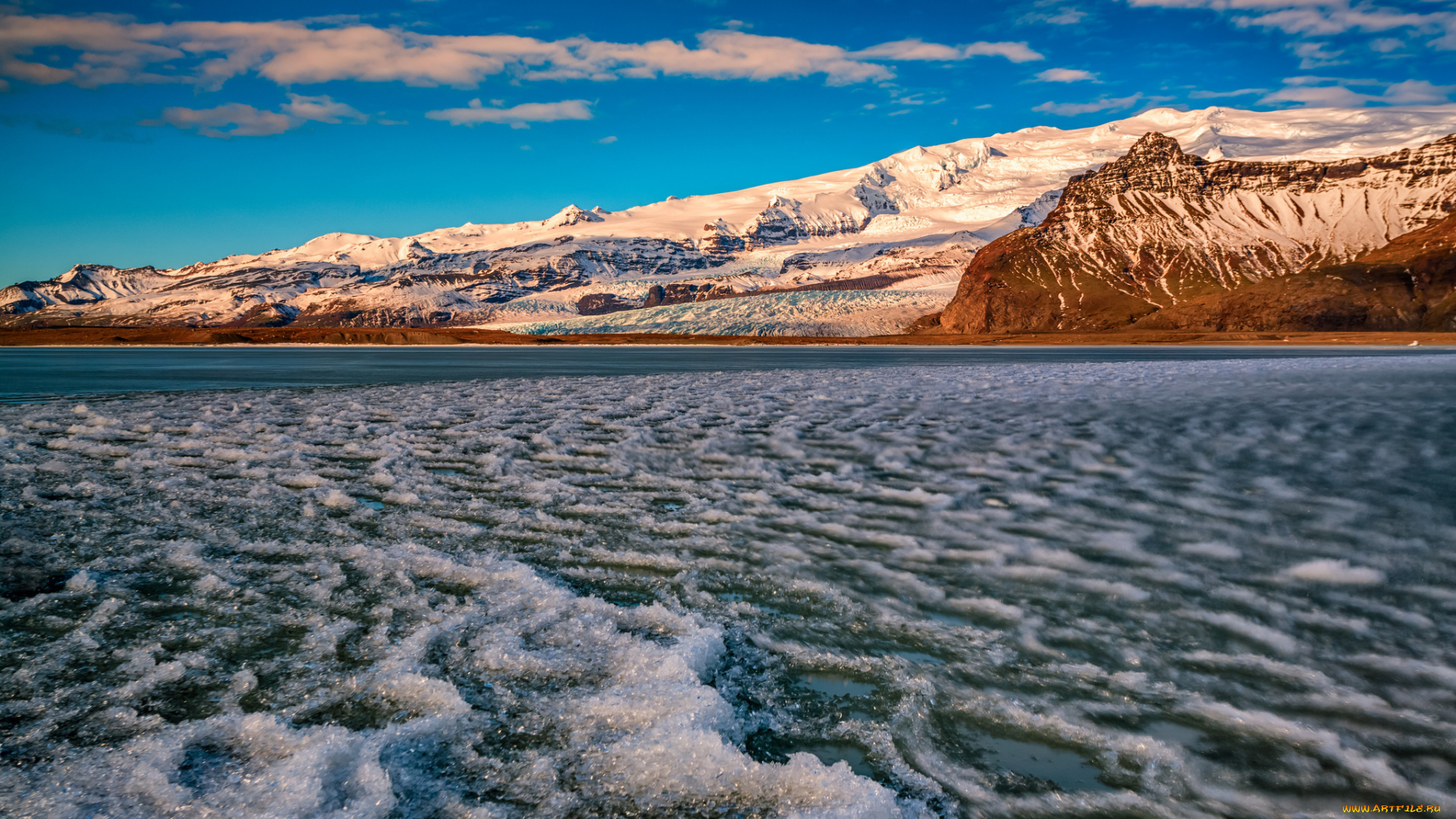 природа, побережье, залив, гора, is, auster-skaftafellssysla, breidаrlоn, lagoon, зима, снег