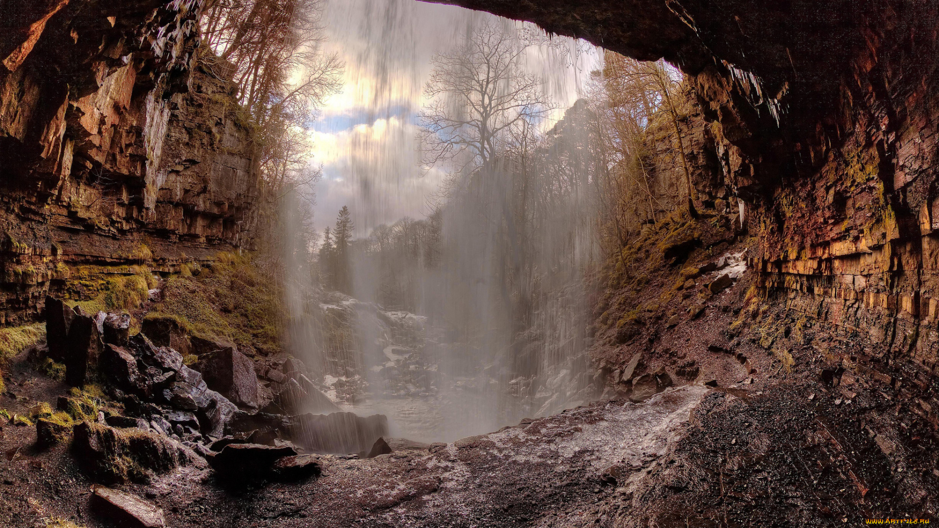 природа, водопады, пещера, скалы, лес
