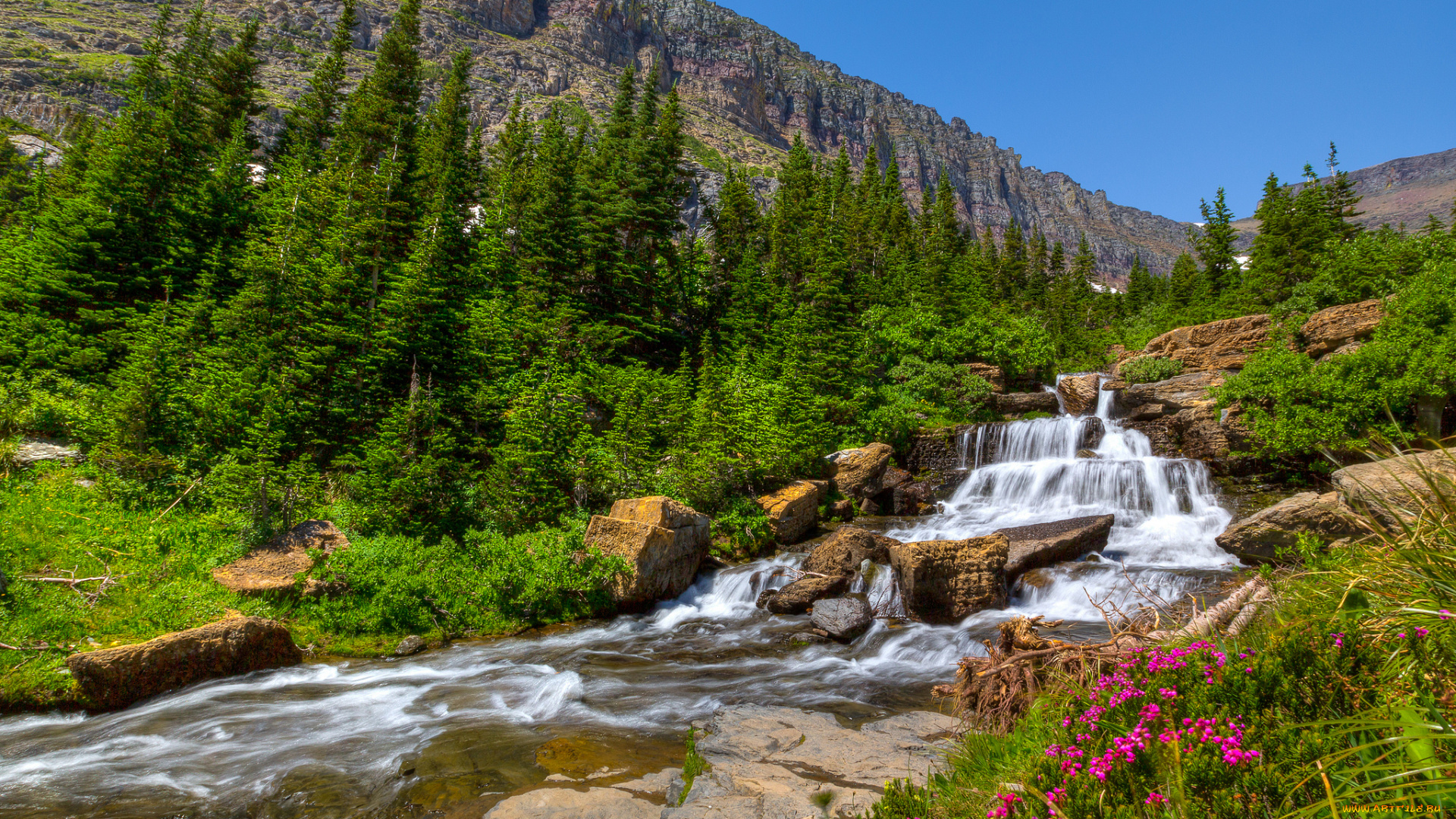 природа, водопады, скалы, обрыв, река, водопад, лес