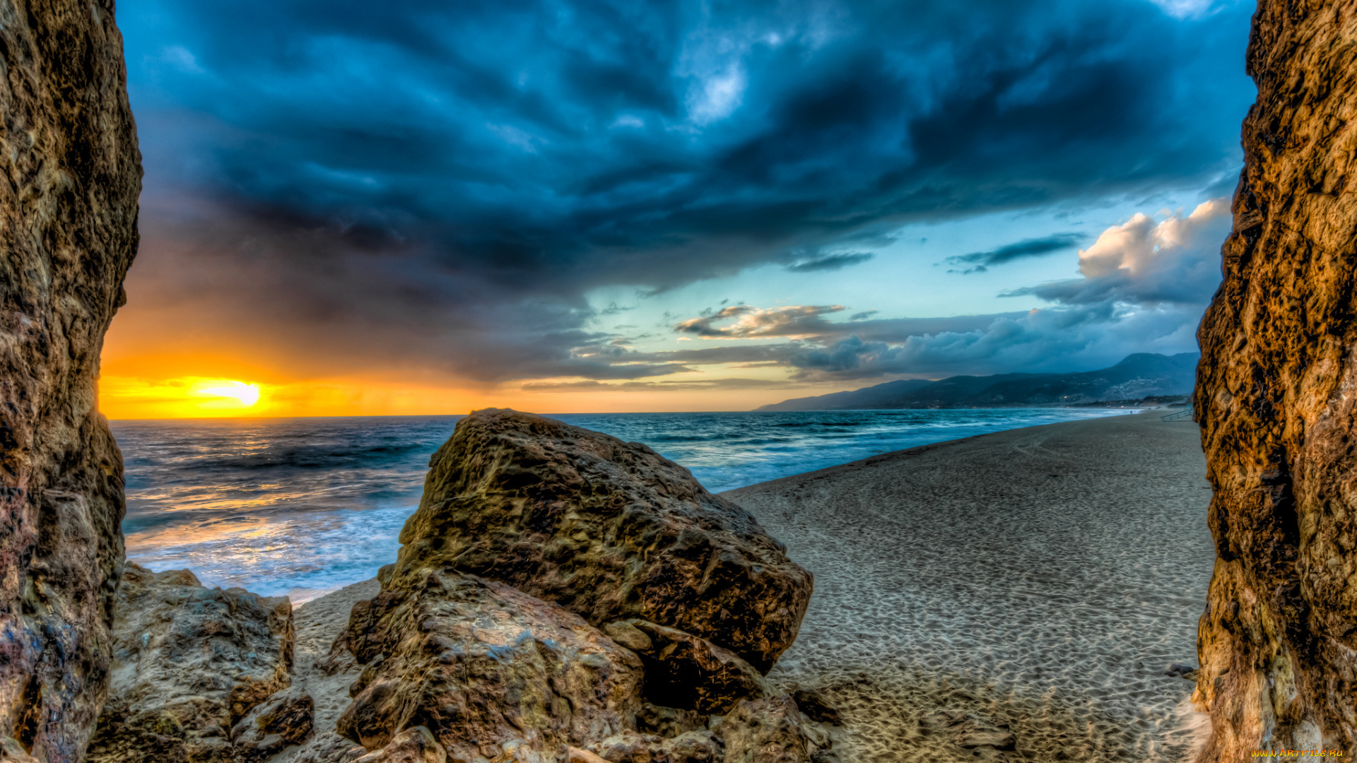 природа, восходы, закаты, океан, пляж, скалы, солнце