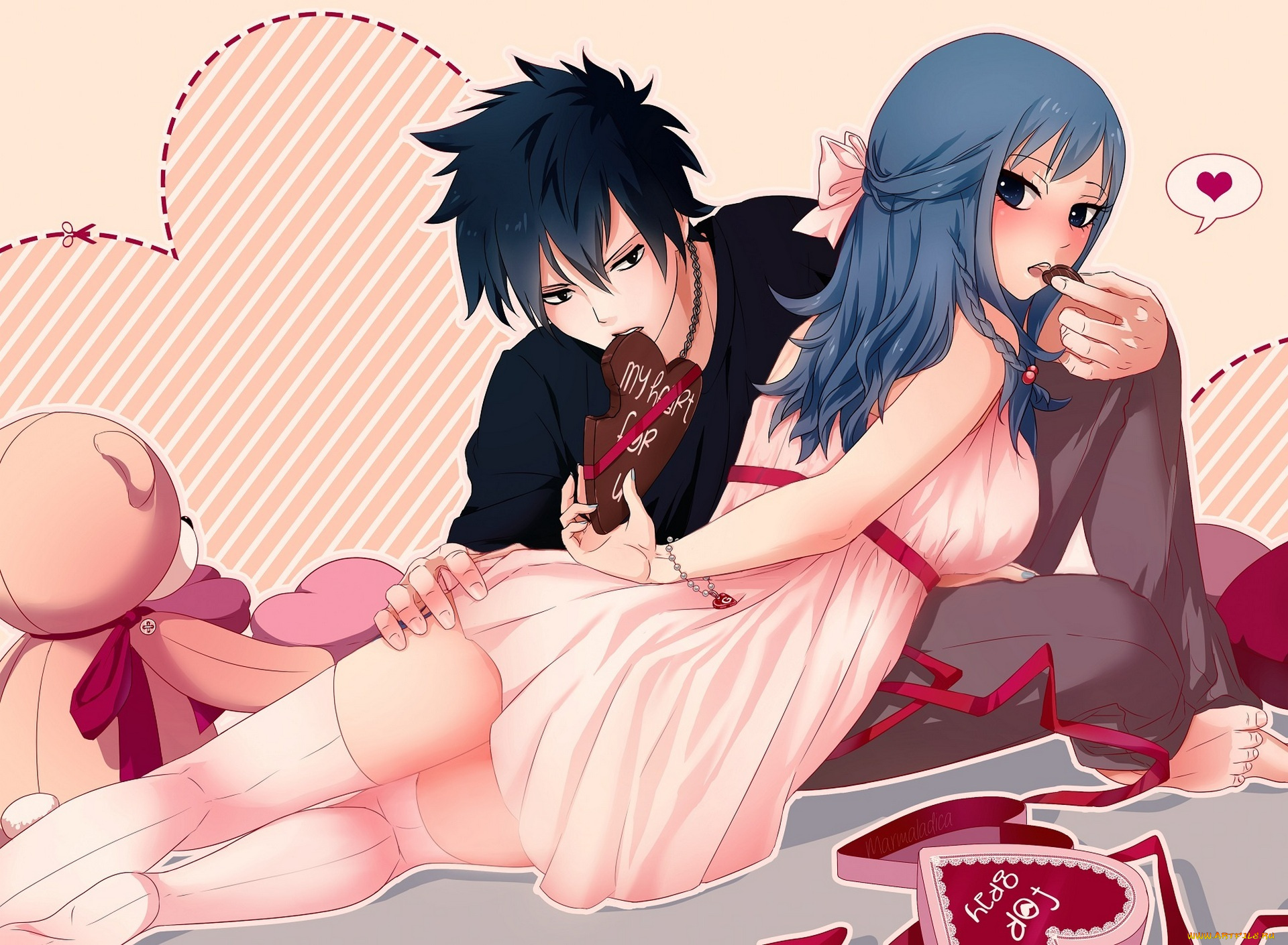 аниме, fairy, tail, gray, fullbuster, сердечки, fairy, tail, ленты, парень, juvia, loxar, сказка, о, хвосте, феи, elfless, vanilla, арт, marmalade, шоколад, девушка