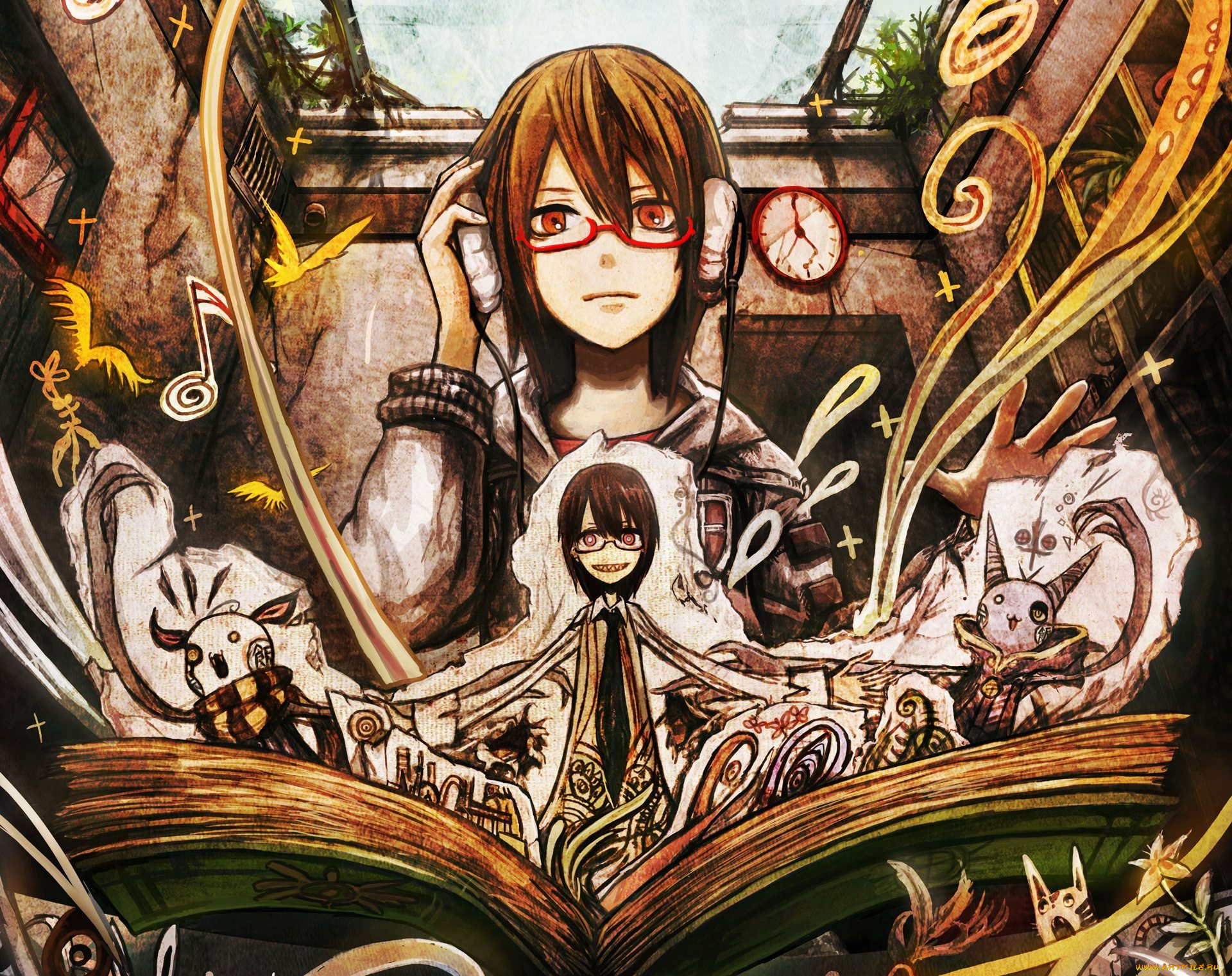 аниме, -headphones, &, instrumental, парень, art, комната, nico, singer, книга, наушники, улыбка, sekihan