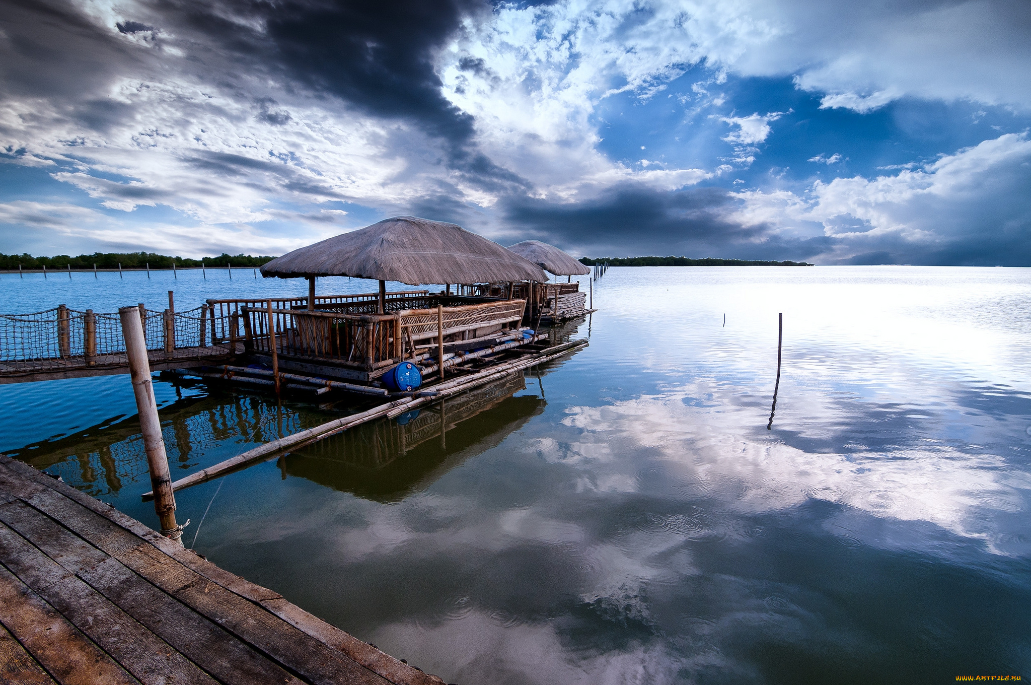 природа, тропики, океан, мостик, бунгало, горизонт
