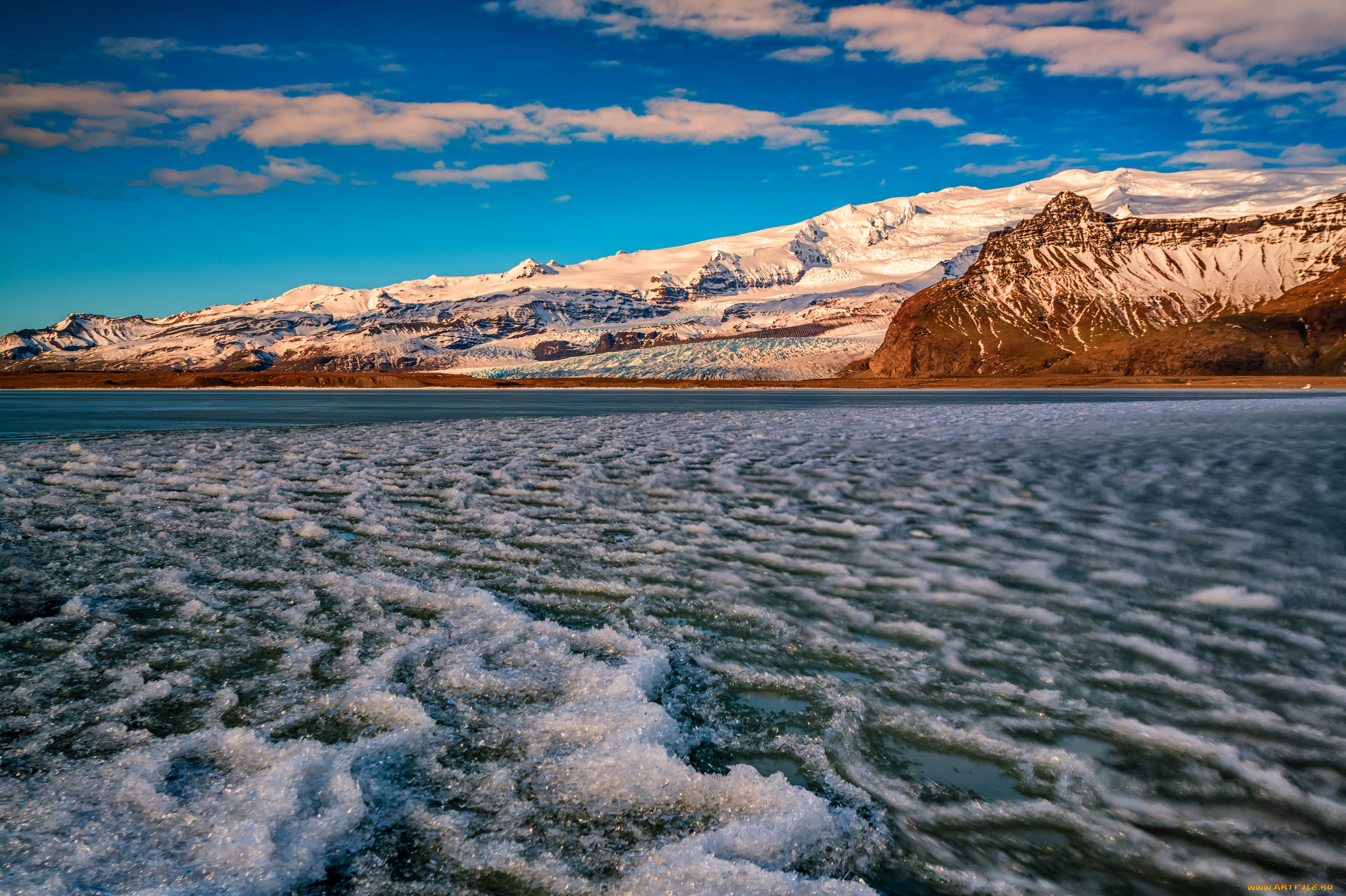 природа, побережье, залив, гора, is, auster-skaftafellssysla, breidаrlоn, lagoon, зима, снег