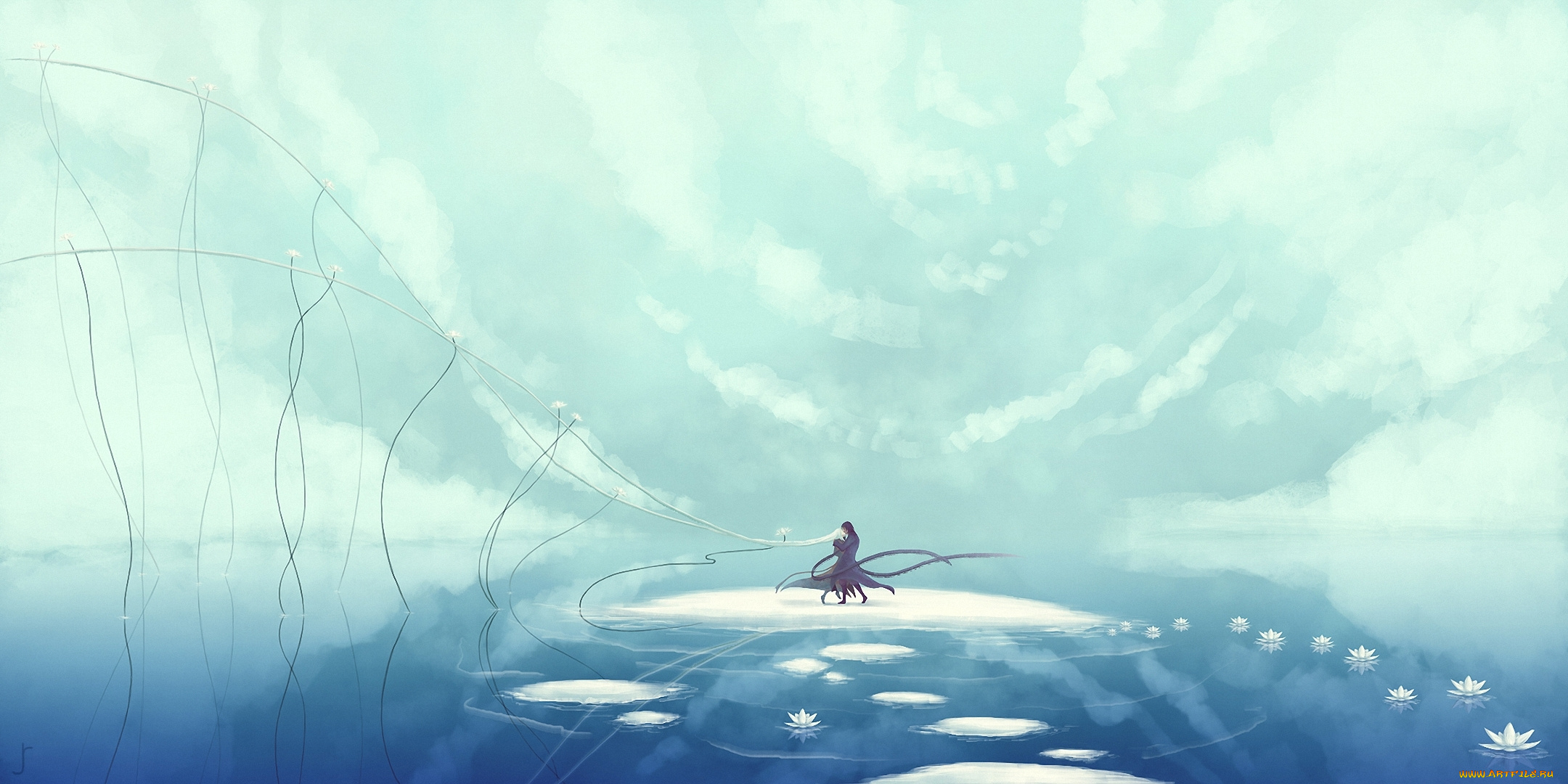 аниме, *unknown, , другое, девушка, парень, объятия, танец, острова, лотосы, цветы