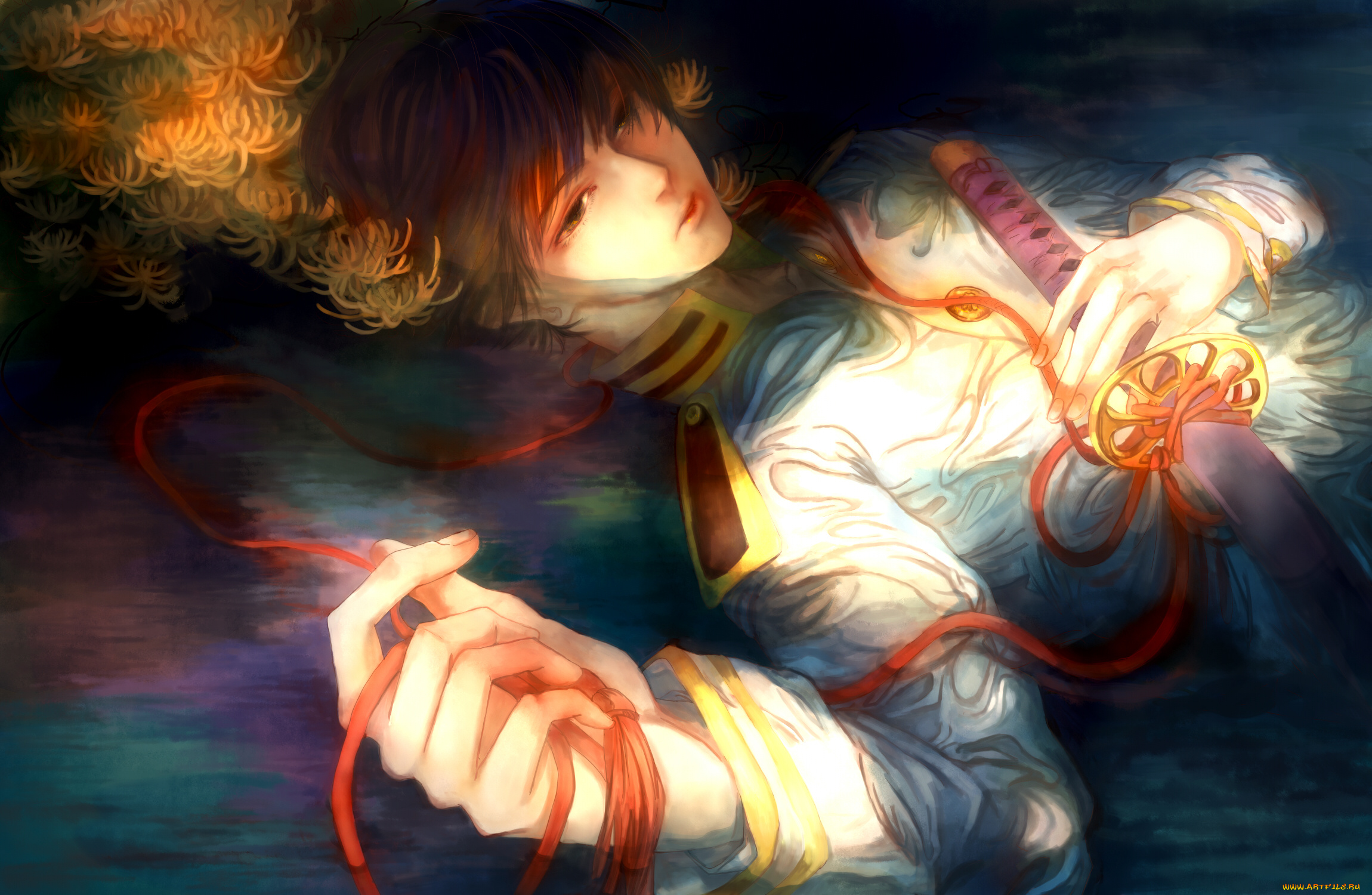 аниме, -weapon, , blood, &, technology, цветы, вода, оружие, катана, парень