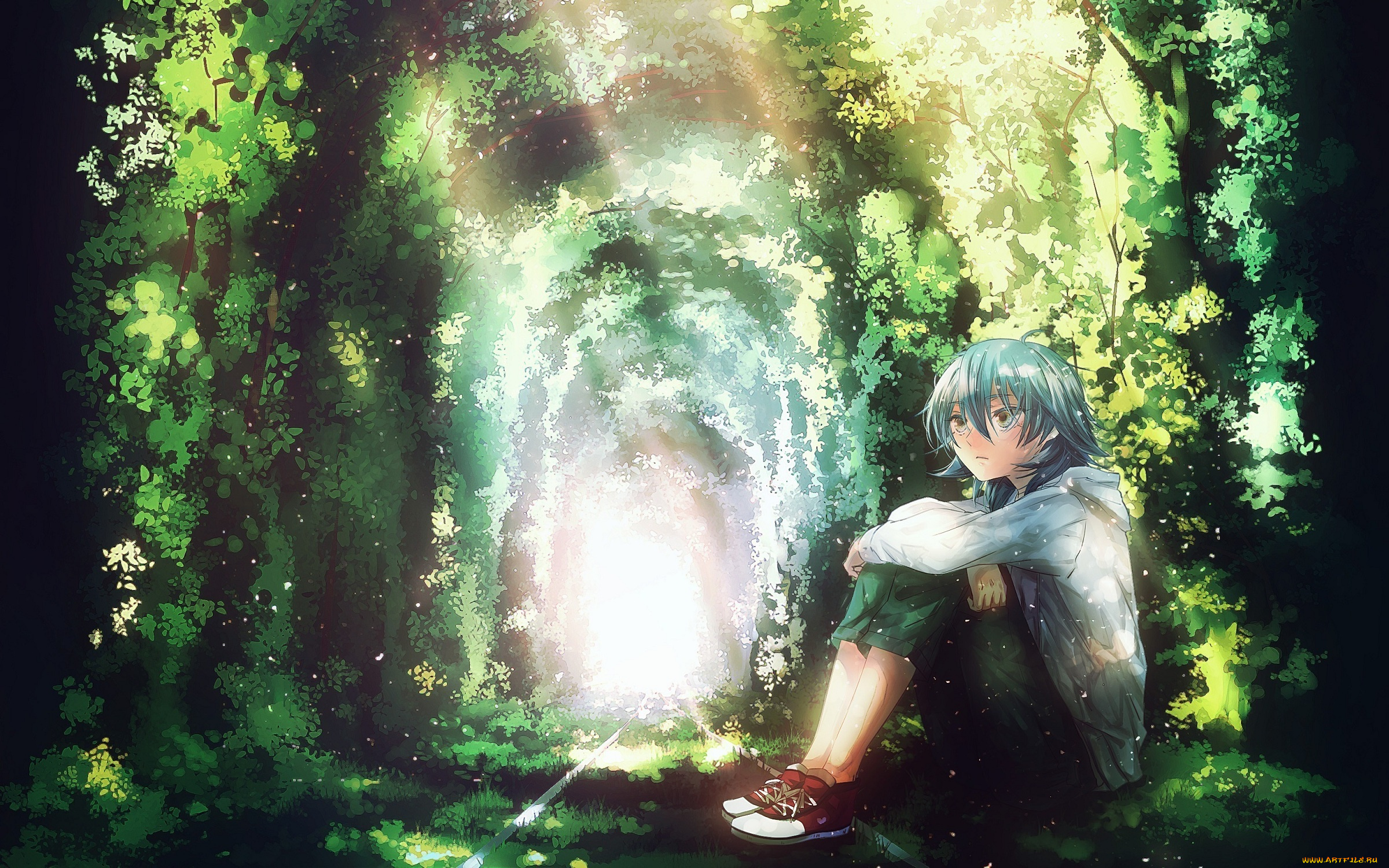 аниме, *unknown, , другое, парень, зелень, арт, сидит