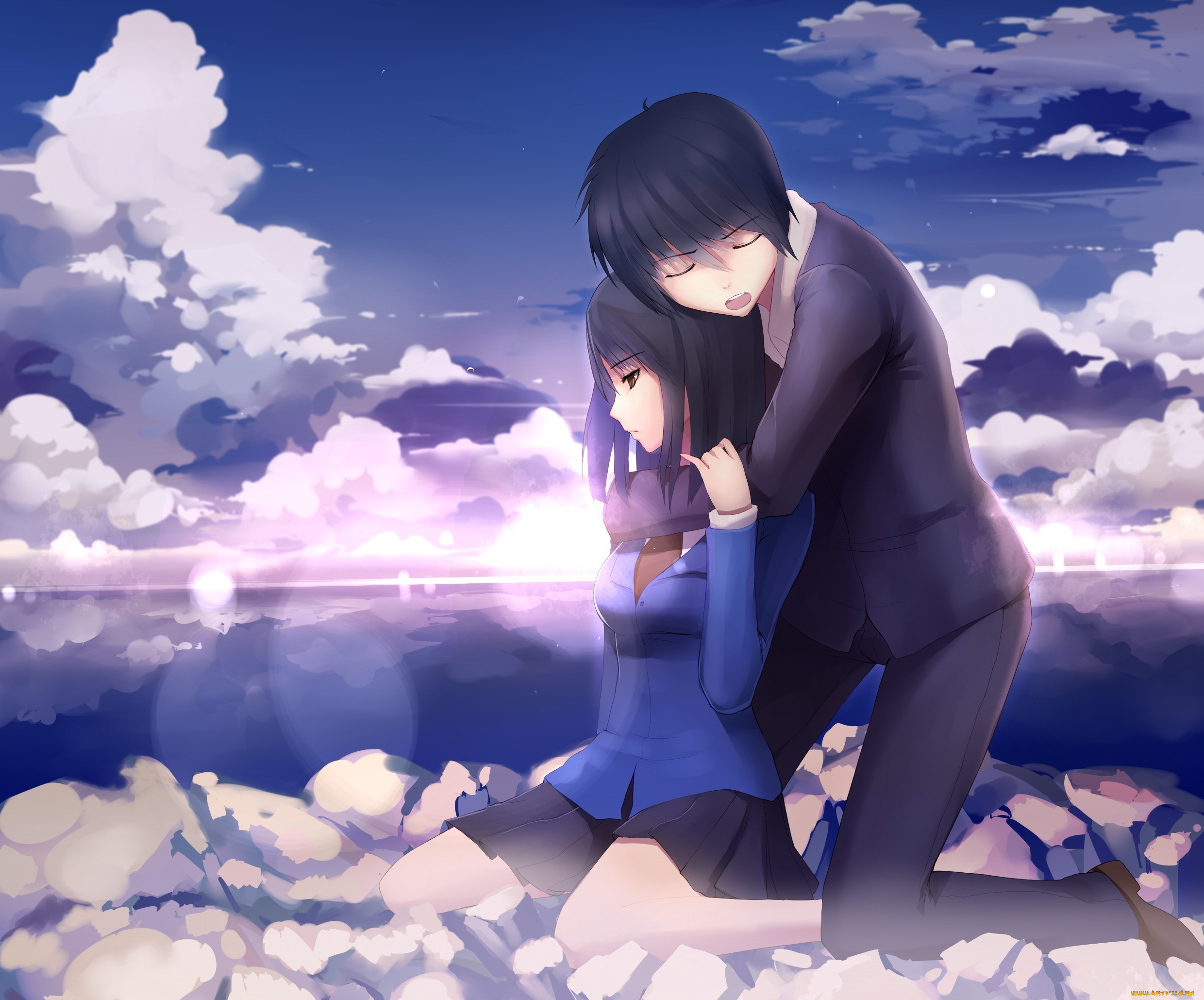 аниме, *unknown, , другое, облака, небо, обьятия, арт, камни, девушка, парень, пара