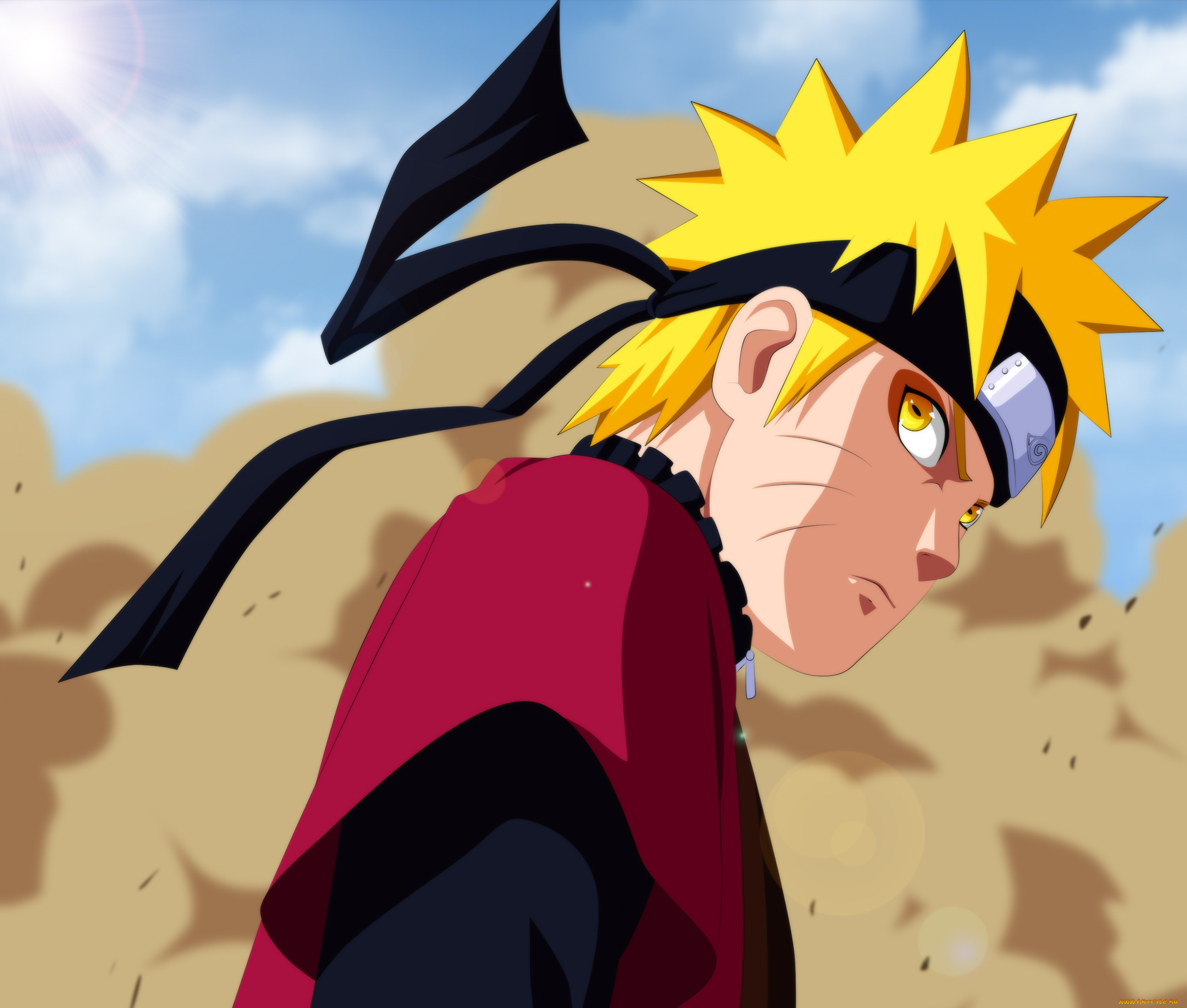 аниме, naruto, наруто, ураганные, хроники, манга, пыль, парень, саннин, блондин, серьёзность, солнце, лучи, небо, облака