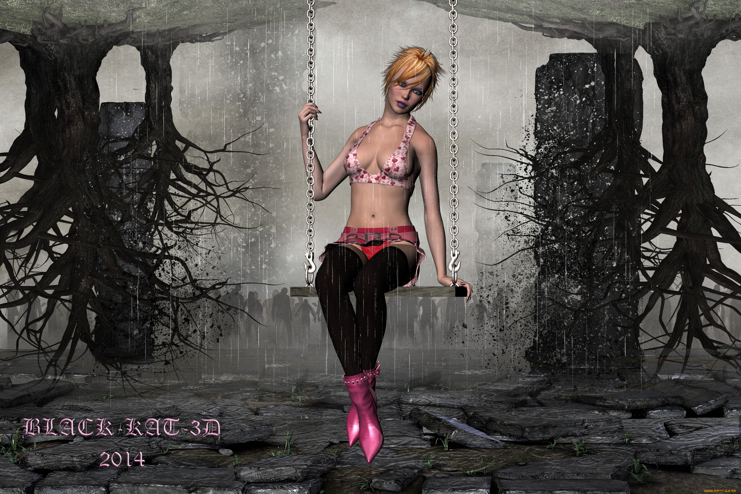 3д, графика, people, , люди, девушка, взгляд, качели, задумчивость