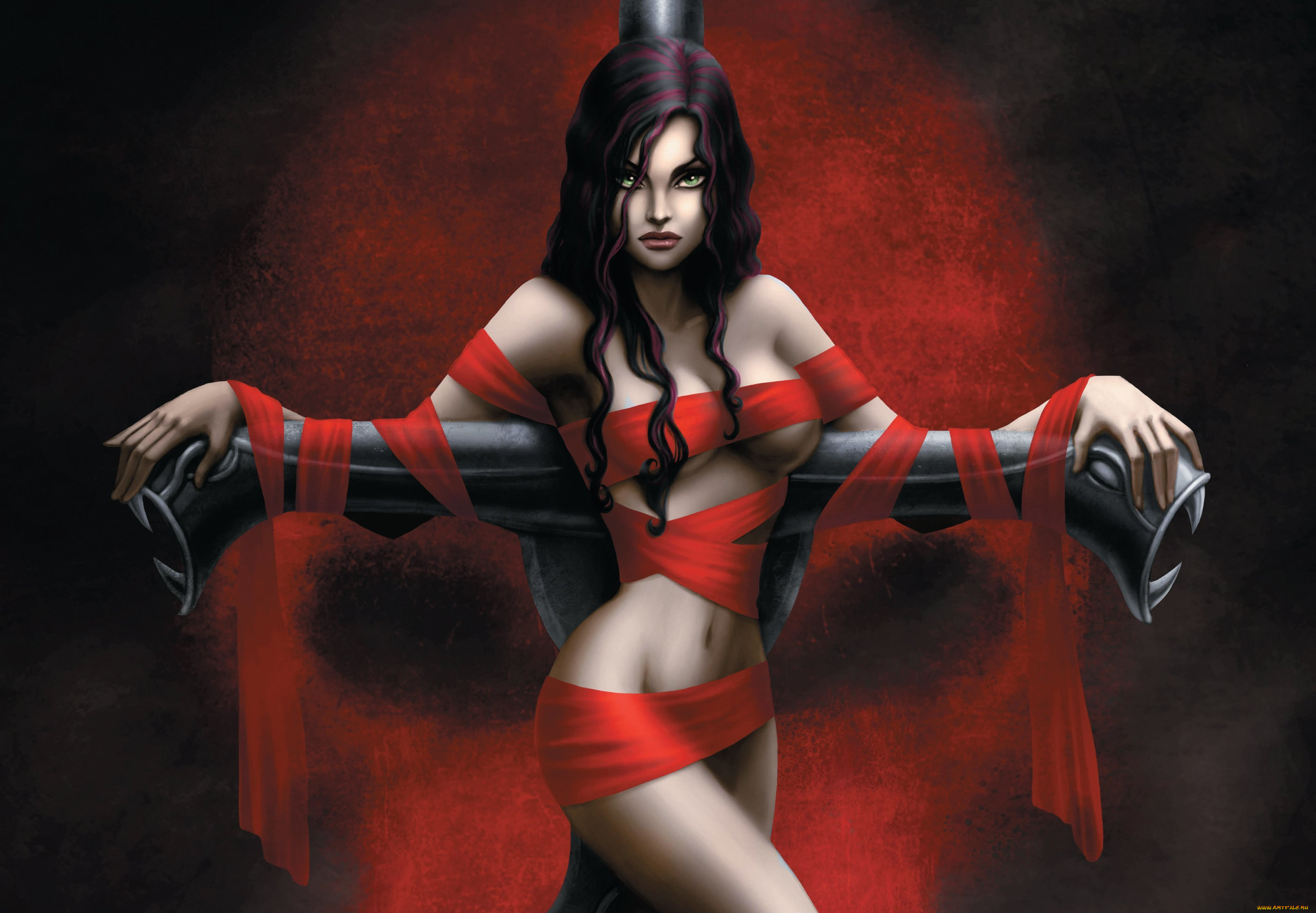 рисованные, люди, взгляд, волосы, зеленые, глаза, руки, тело, поза, ткань, красная