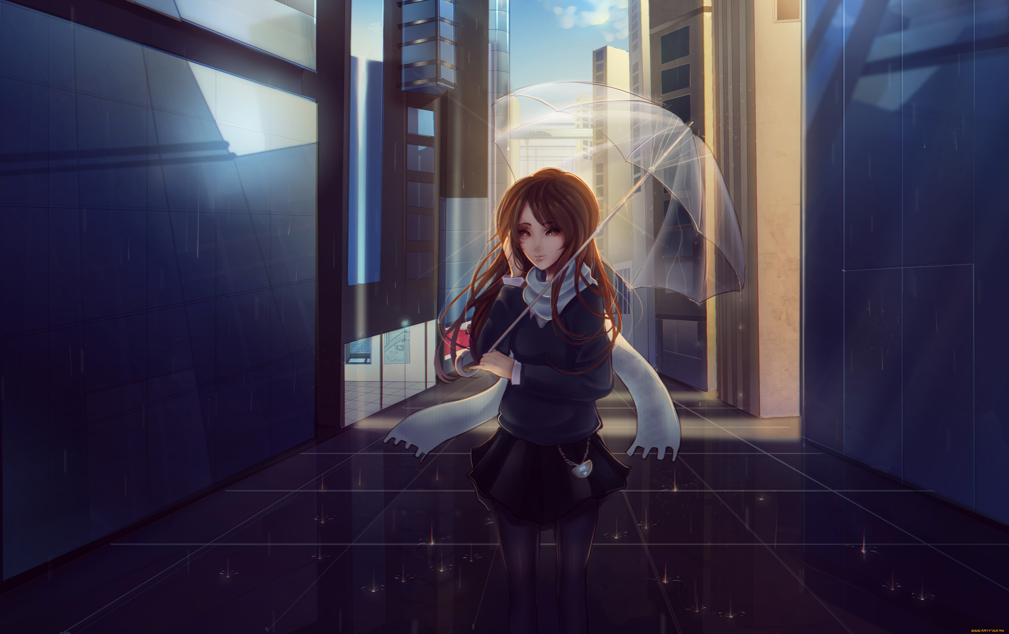 аниме, *unknown, , другое, зонт, шарф, девушка, город, дождь