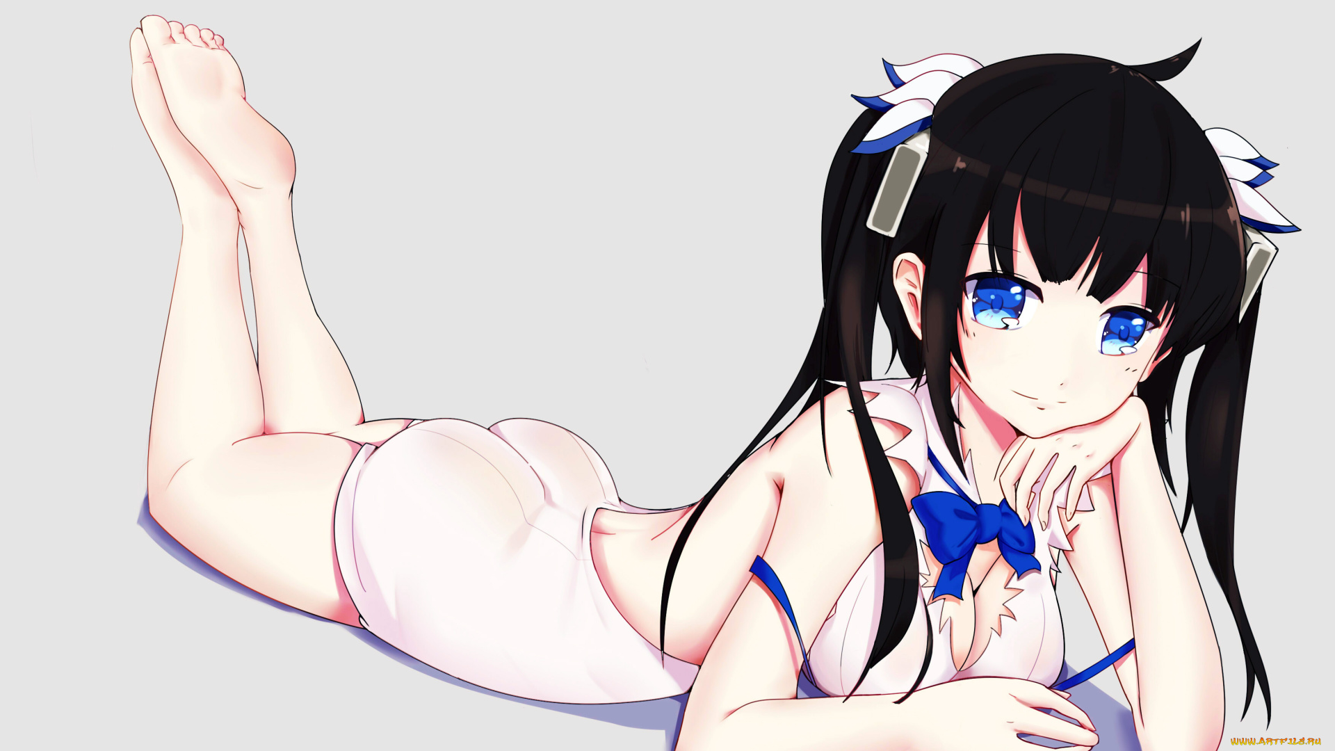 аниме, danmachi, hestia, брюнетка, взгляд, девушка, бант