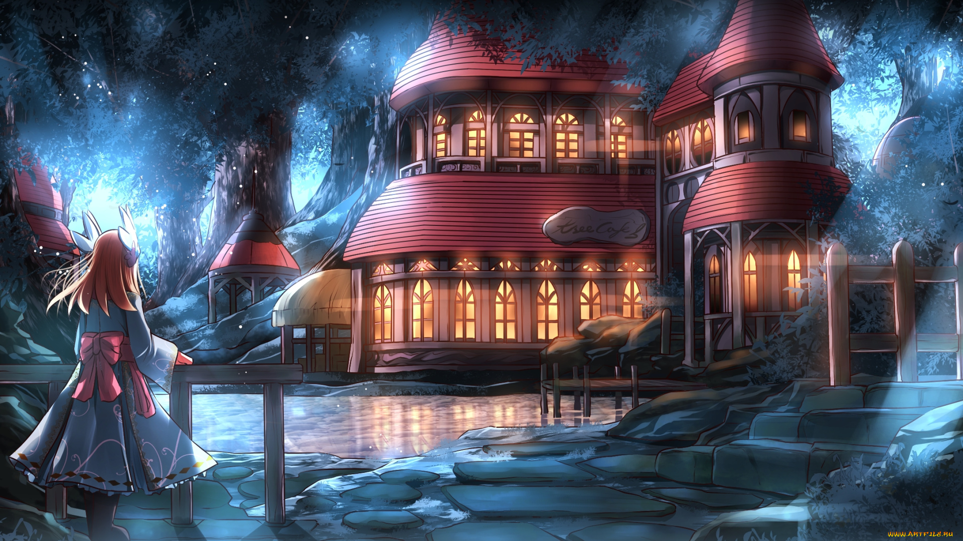 аниме, город, , улицы, , здания, озеро, эльф, девочка, здание, арт, risutaru, лес, деревья