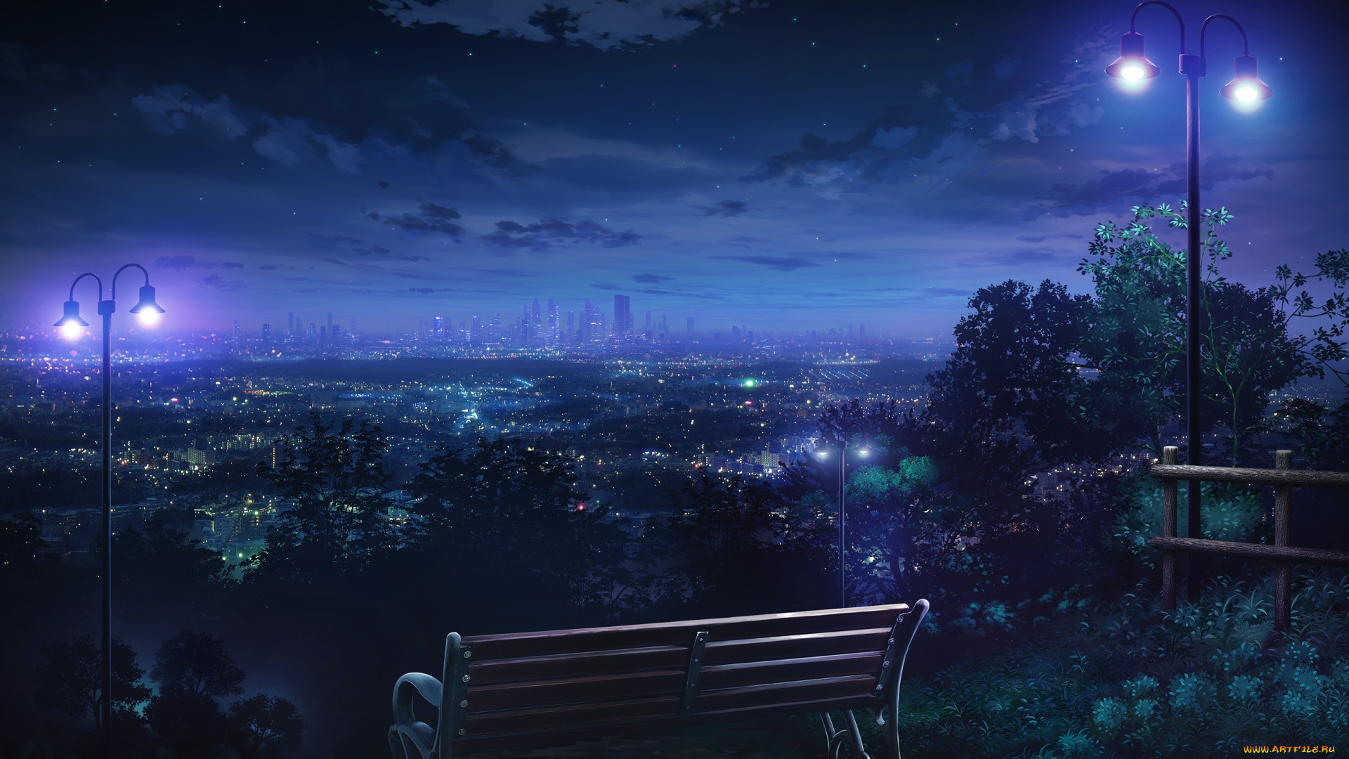 аниме, город, , улицы, , здания, скамья, лавочка, ночь, огни, фонари, деревья, небо, облака, арт, monorisu