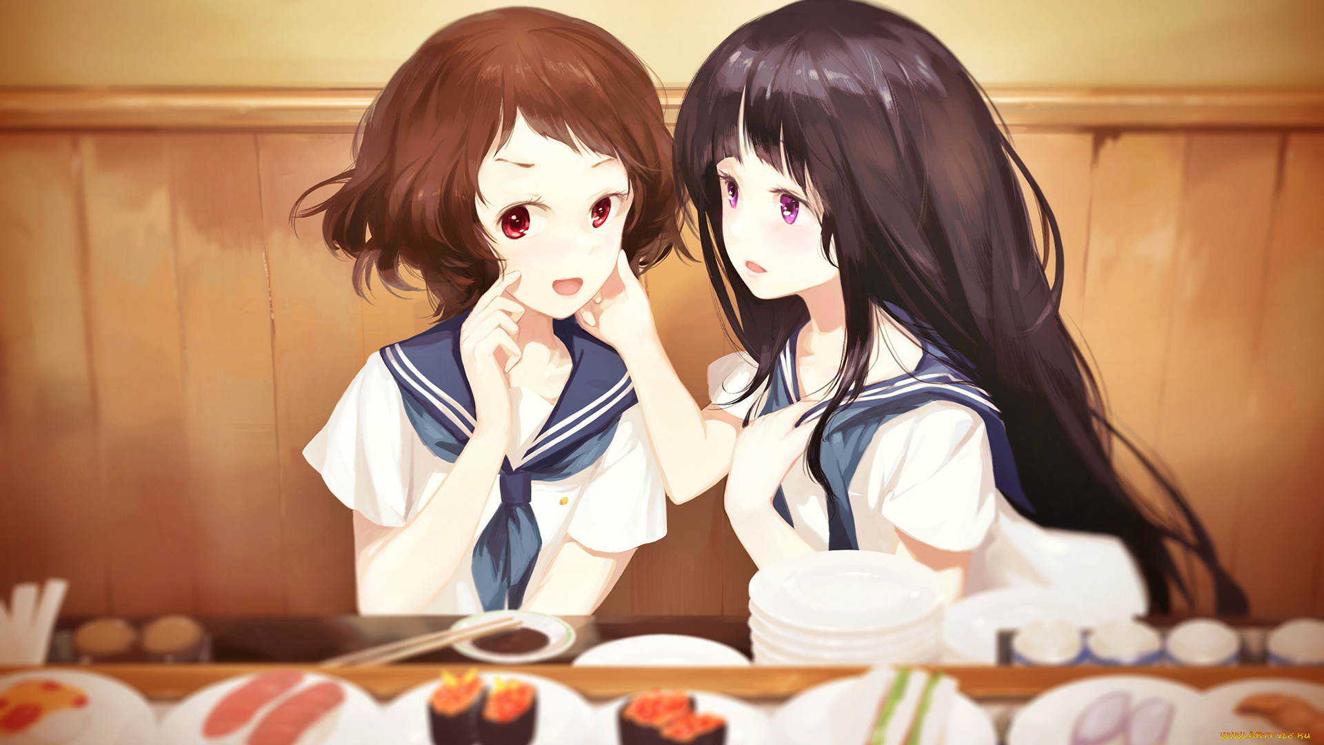 аниме, hyouka, chitanda, eru, ibara, mayaka, jq, стол, еда, арт, девушки