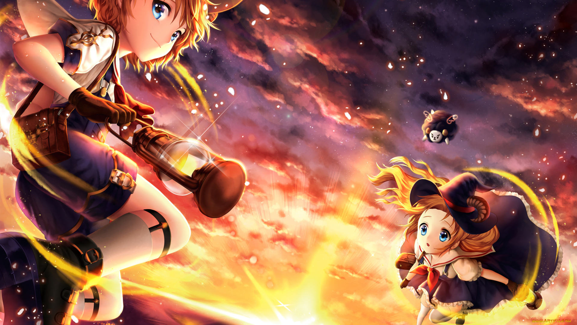 аниме, магия, , колдовство, , halloween, девушки, барашек, фонарь, закат, небо, laejjo