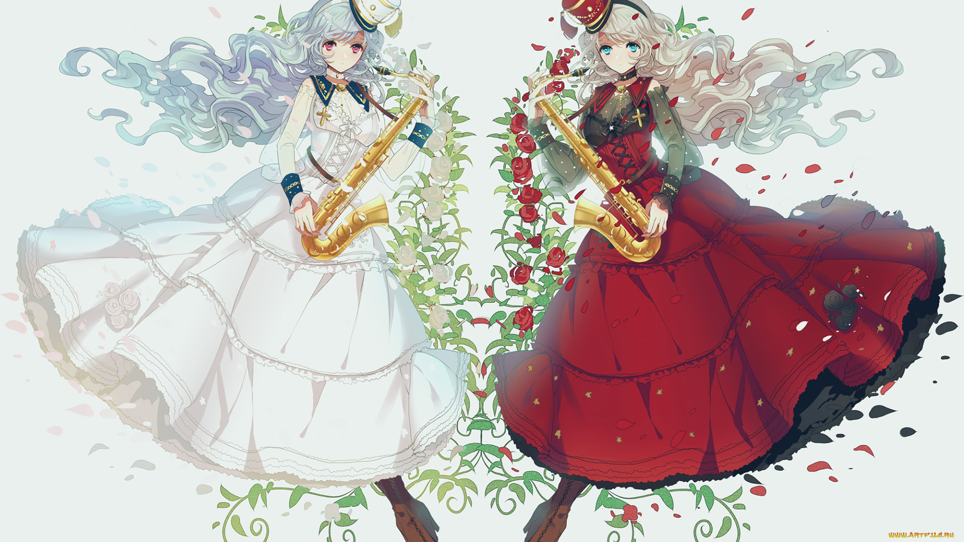 аниме, музыка, цветы, miemia, лепестки, саксофон, девушки, платье
