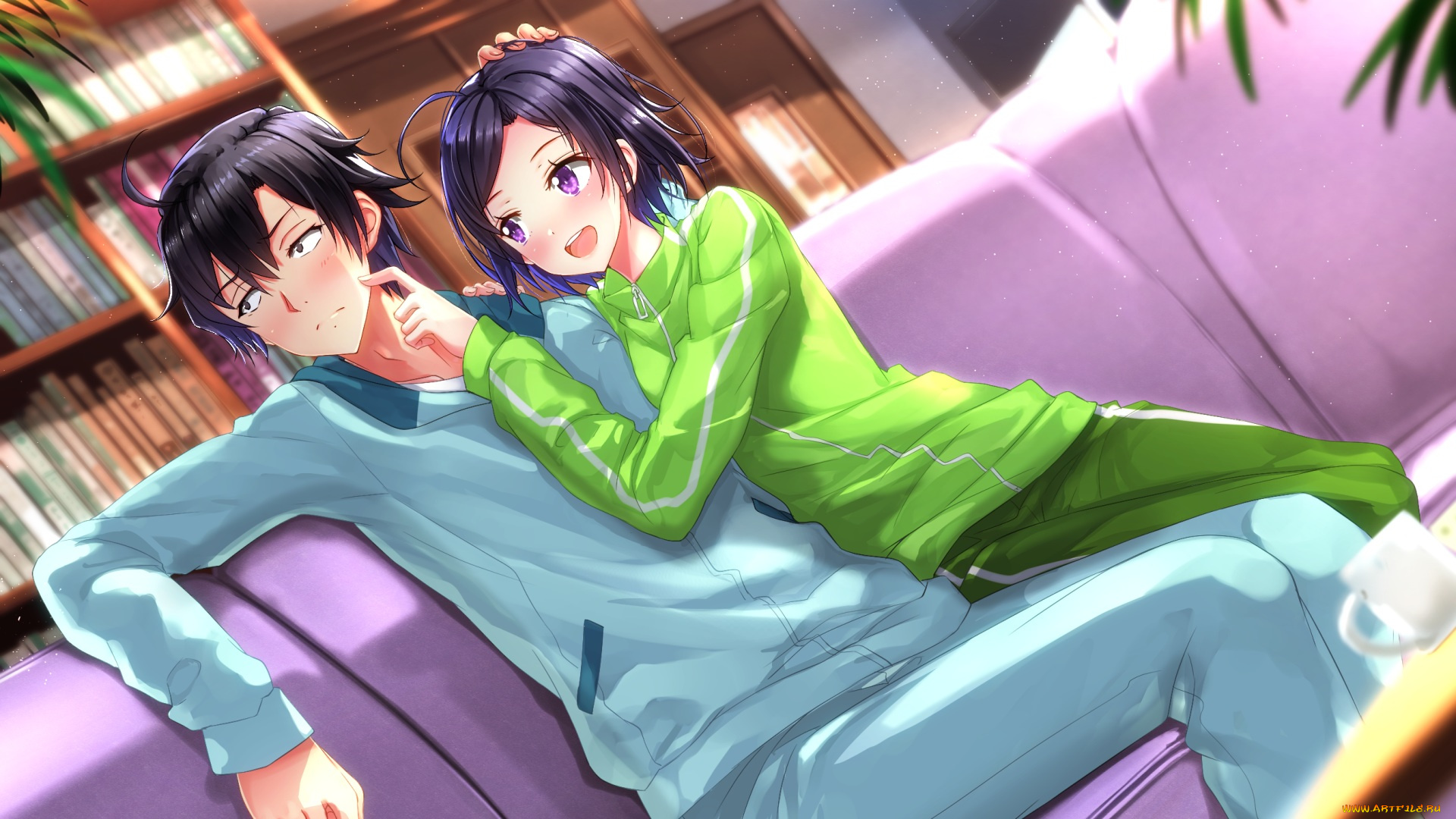 аниме, oregairu, покраснел, hikigaya, hachiman, девушка, диван, парень, komachi, swordsouls, yahari, ore, no, seishun, love, come, wa, machigatteiru