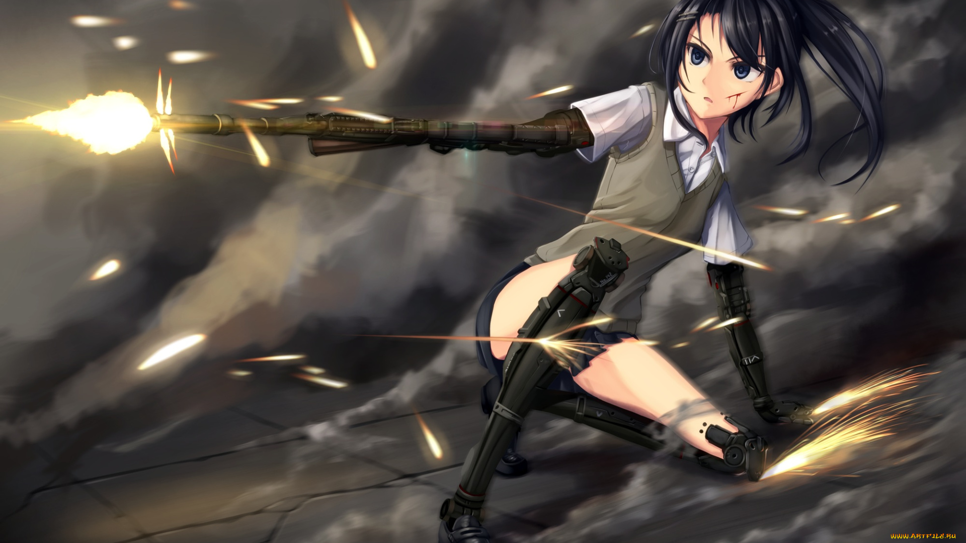 аниме, оружие, , техника, , технологии, девушка, арт, dreadtie, огнестрельное, пламя, перестрелка, брюнетка