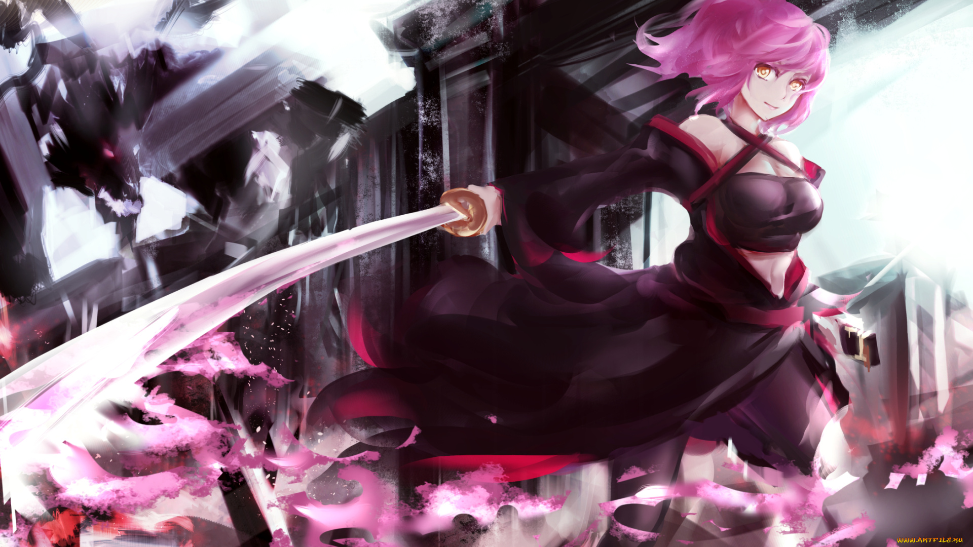 аниме, pixiv, fantasia, девушка, монстр, pixiv, fantasia, дракон, меч, платье