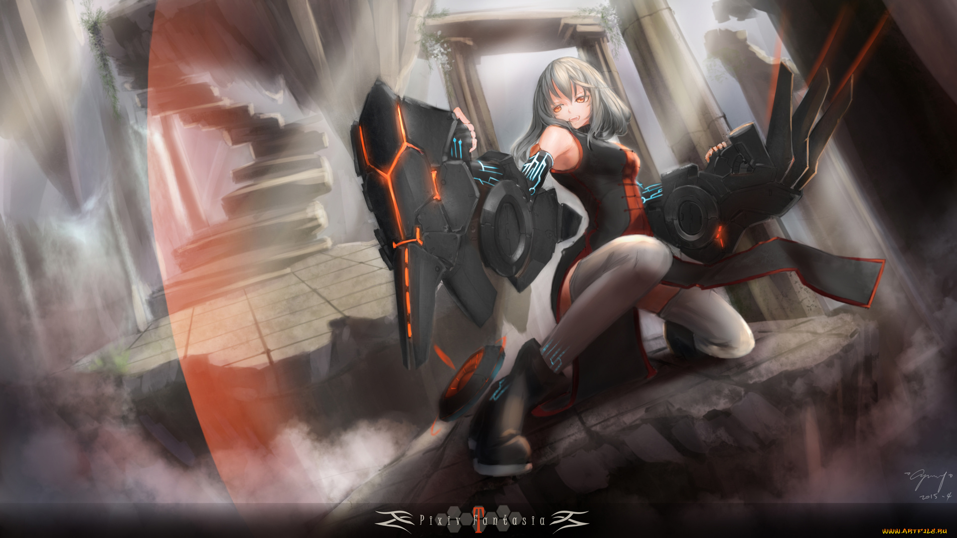 аниме, pixiv, fantasia, девушка, pixiv, fantasia, kura, yukikaze, оружие, лестница