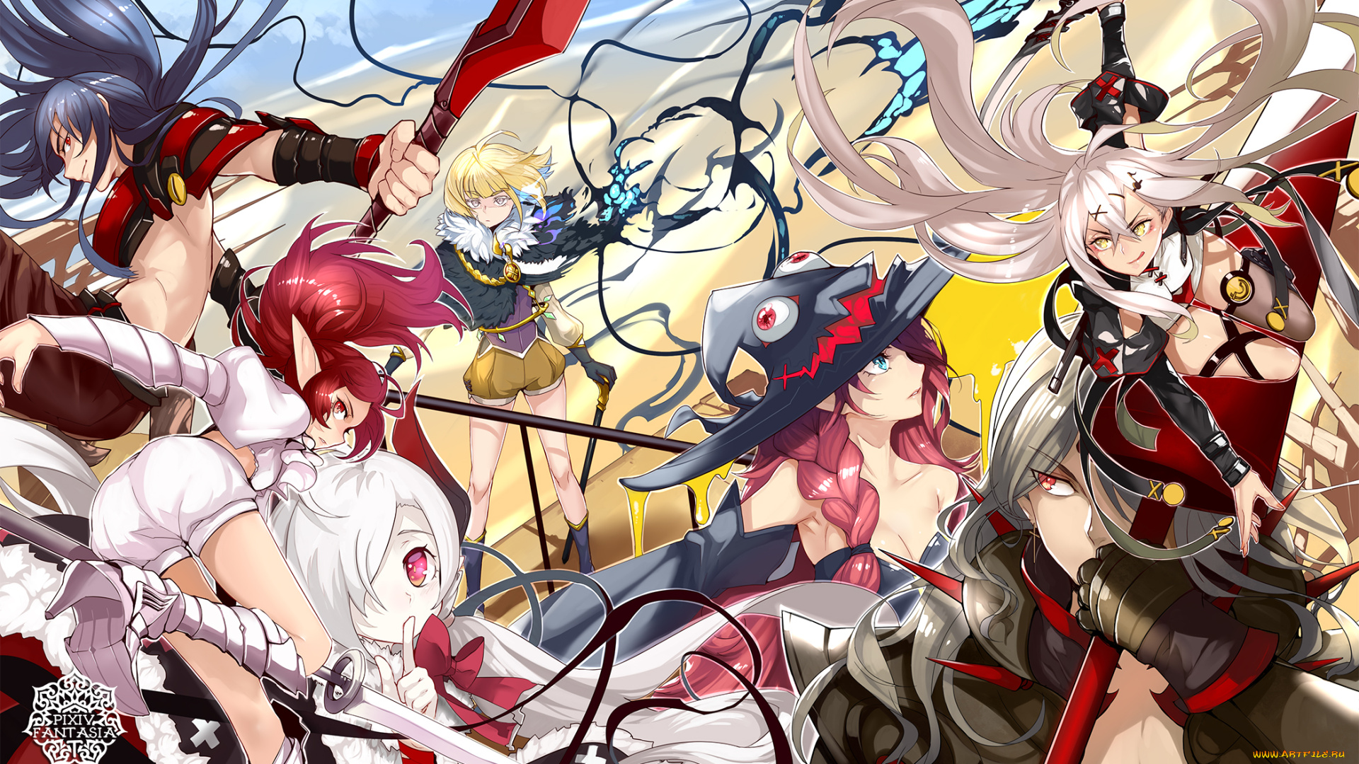 аниме, pixiv, fantasia, девушки, арт, realmbw, pixiv, fantasia, парни, шляпа, оружие