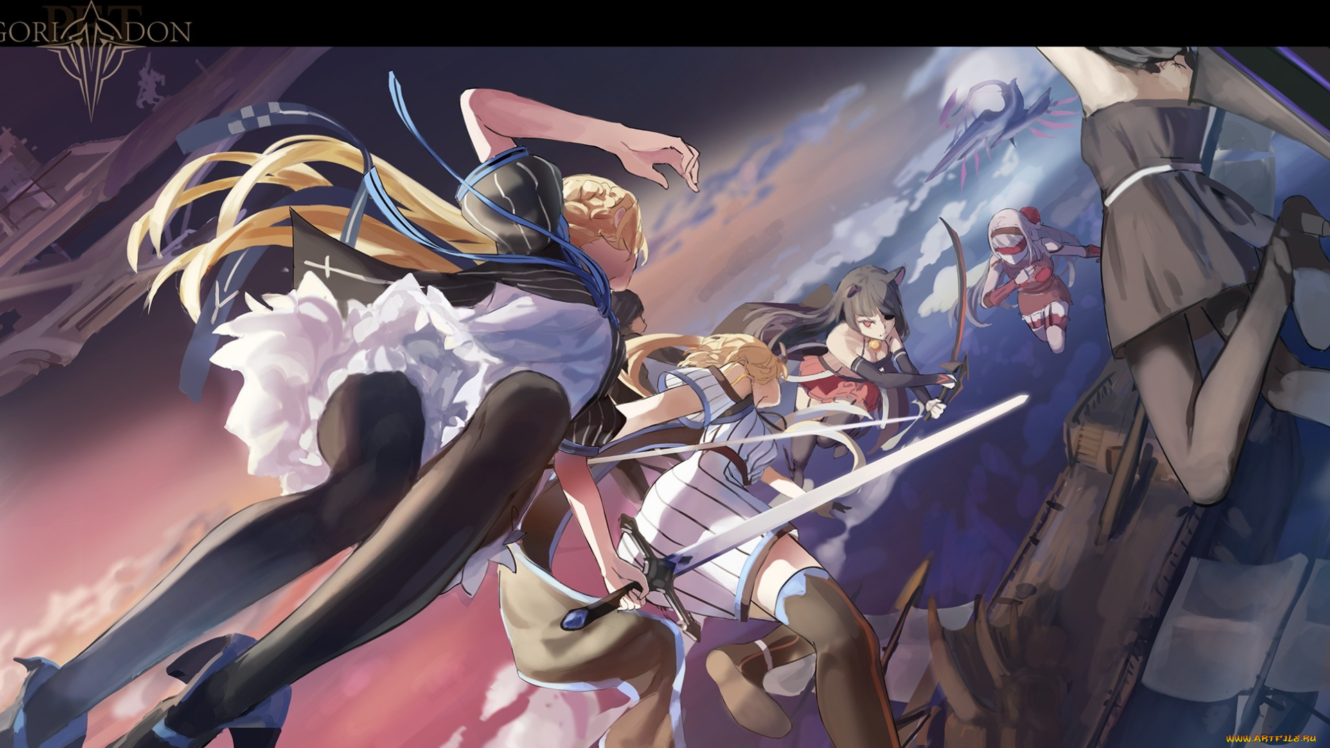 аниме, pixiv, fantasia, облака, небо, сражение, девушки, корабль, pixiv, fantasia, арт, shuang-ye