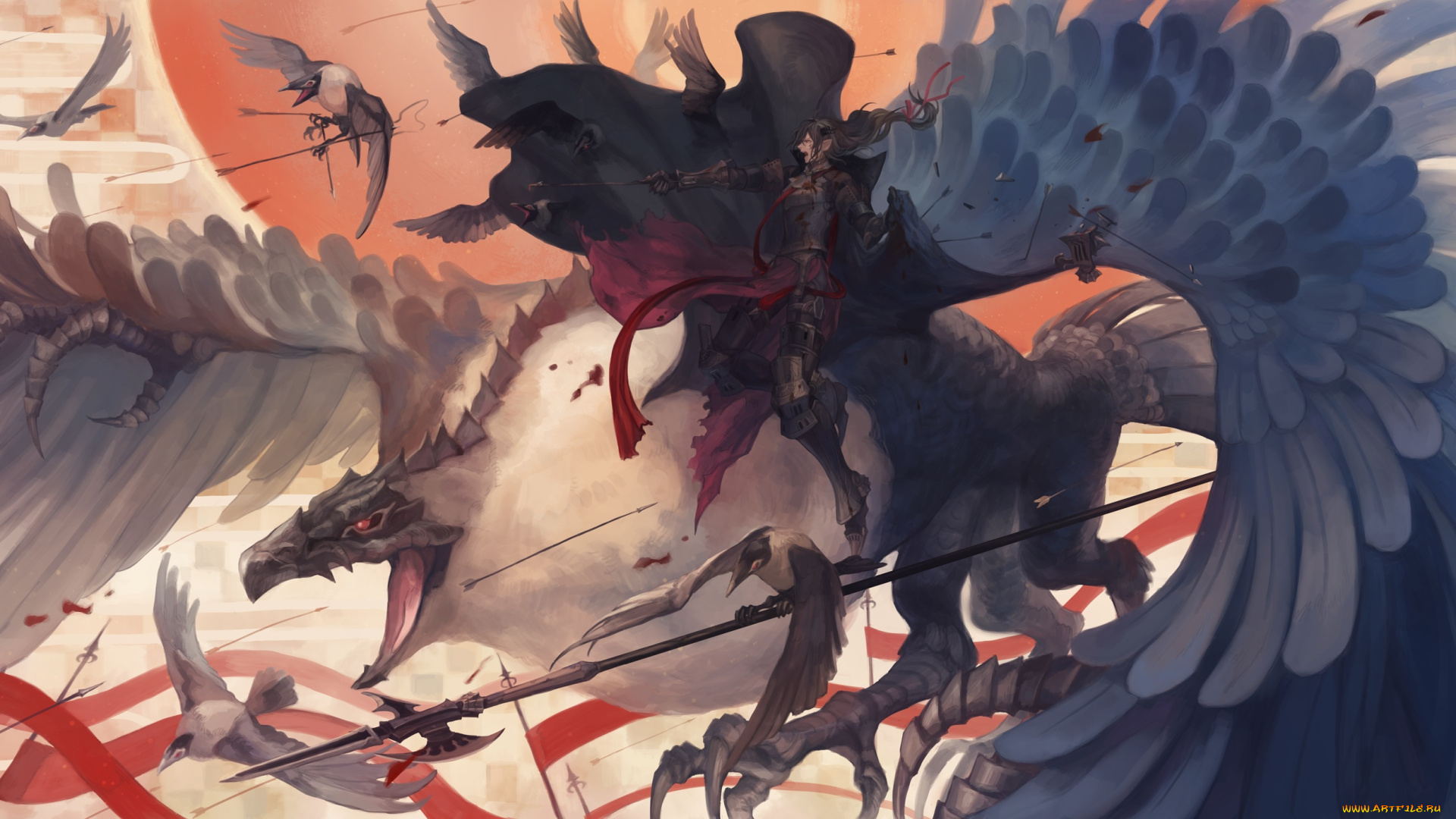 аниме, pixiv, fantasia, стрелы, птицы, эльф, парень, арт, oca, pixiv, fantasia, копьё, крылья