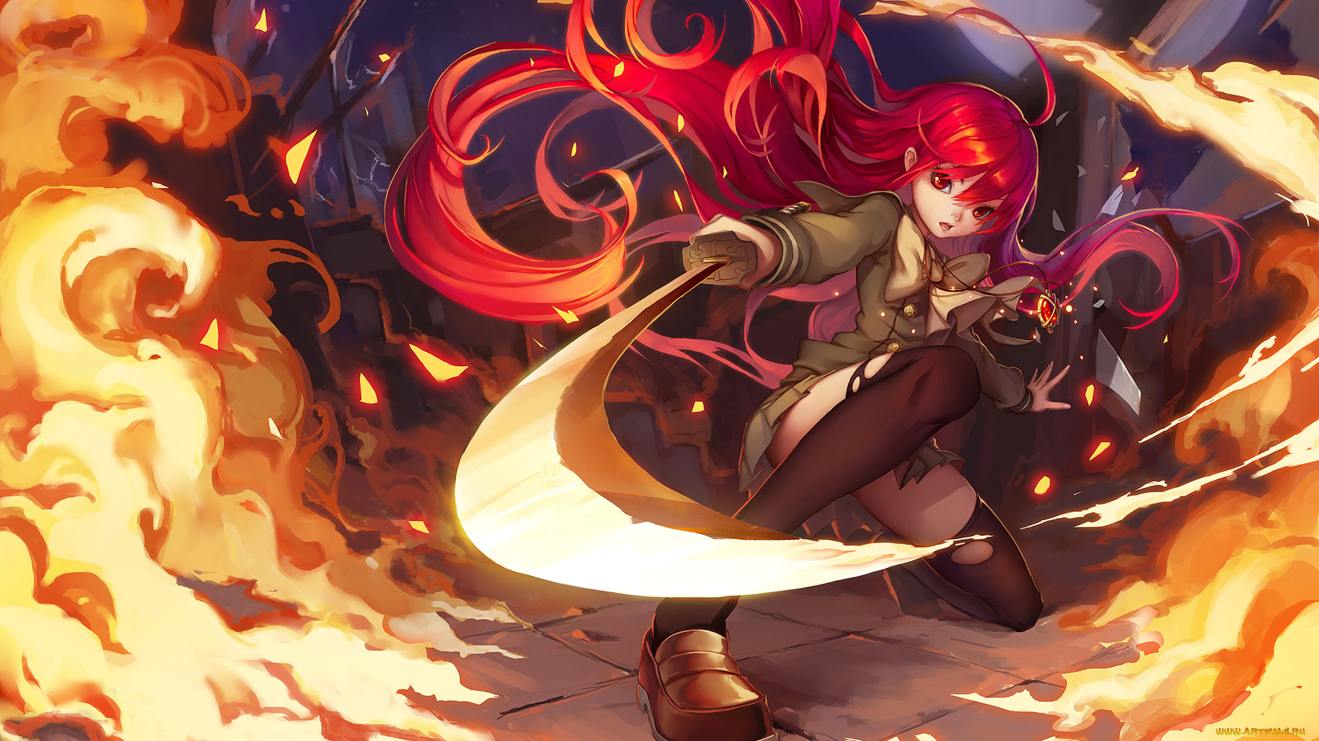 аниме, shakugan, no, shana, shakugan, no, shana, рыжая, девушка, арт, огонь, меч, loewy