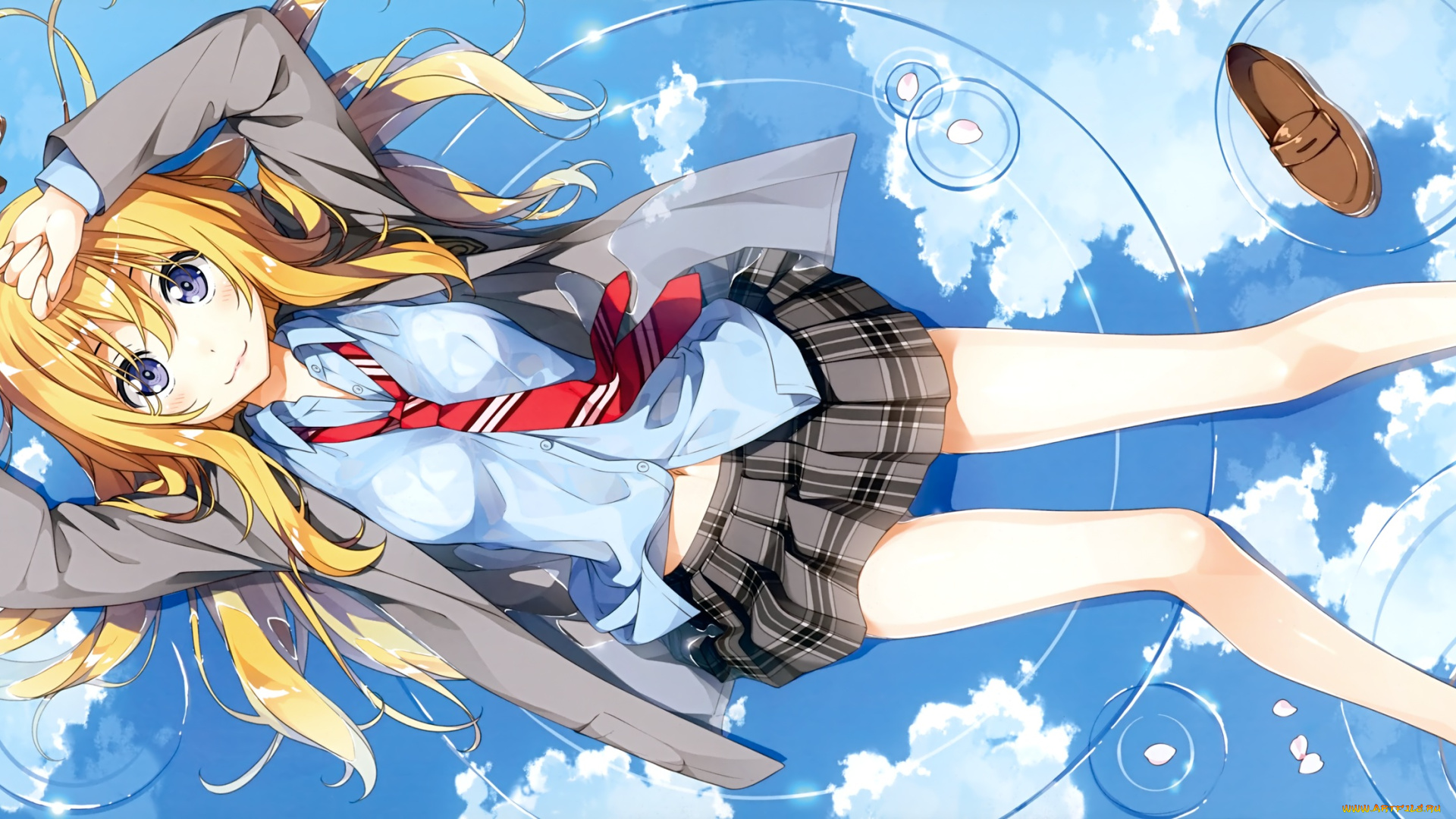 аниме, shigatsu, wa, kimi, no, uso, shigatsu, wa, kimi, no, uso, скрипка, облака, небо, вода, лепестки, miyazono, kaori, kantoku, девушка, арт