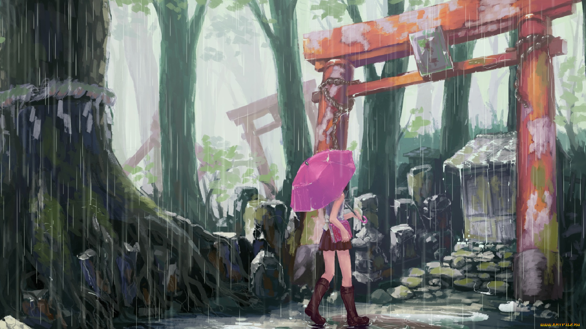 аниме, touhou, деревья, стволы, дождь, лес, зонт, девушка, арт