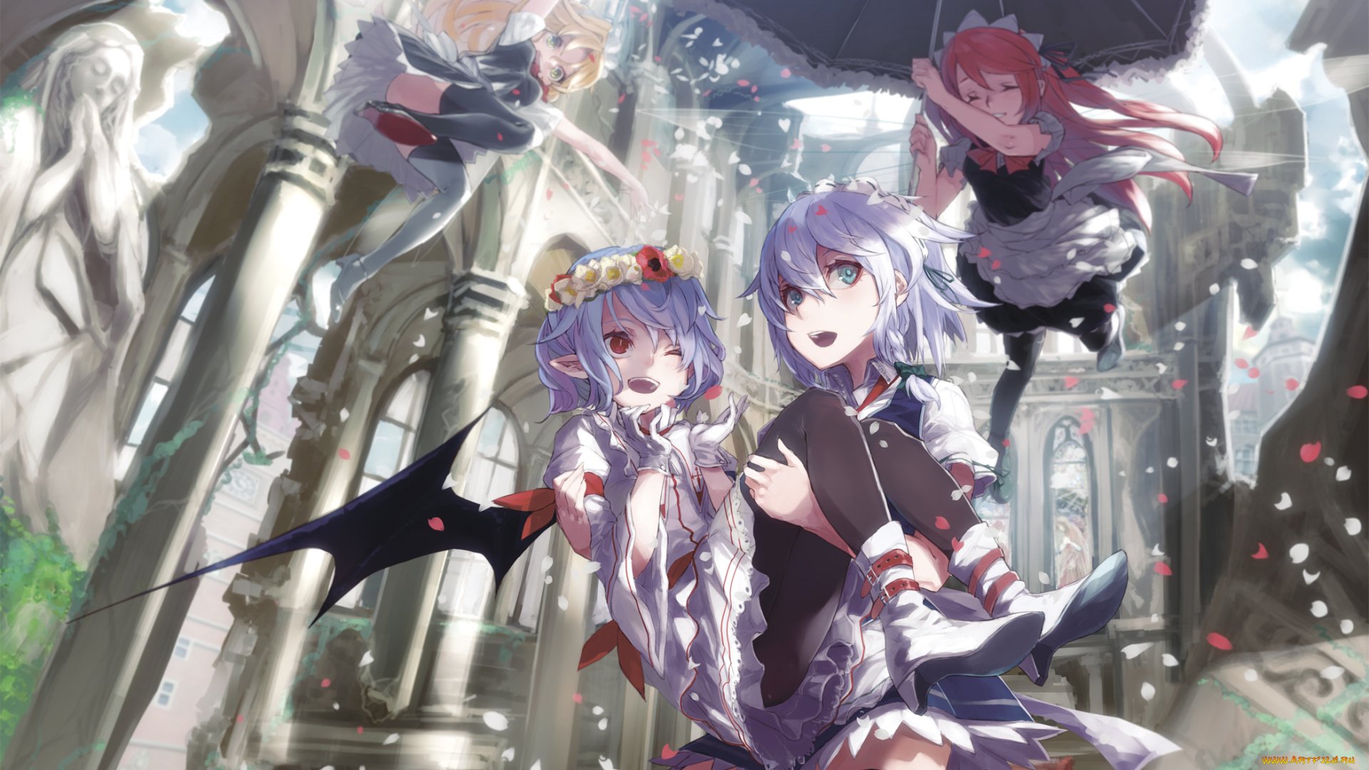 аниме, touhou, девочки, арт, fairy, maid, izayoi, sakuya, kumonji, aruto, remilia, scarlet, зонт