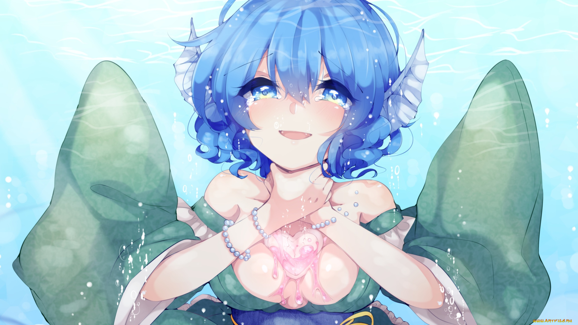 аниме, touhou, девушка, пузырьки, вода, kaenuco, wakasagihime