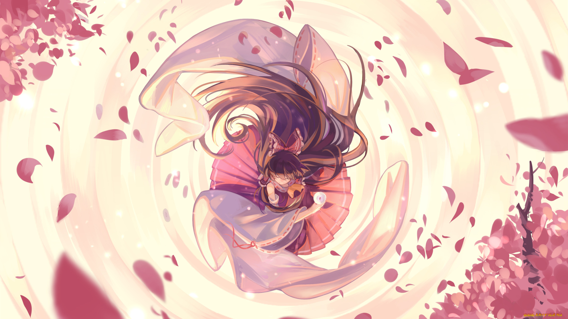 аниме, touhou, hakurei, reimu, девушка, лепестки, zicai, tang, волосы, платье