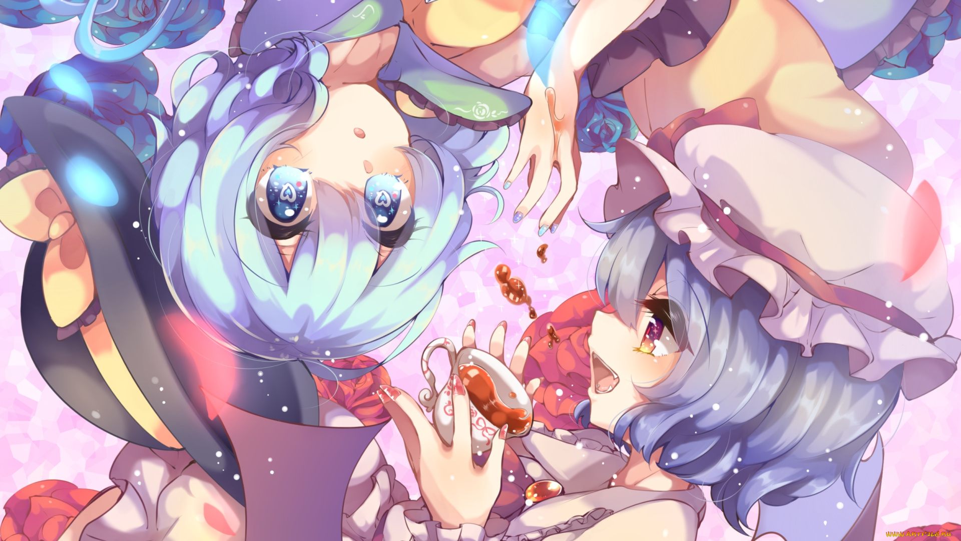 аниме, touhou, remilia, scarlet, kaenuco, чашка, komeiji, satori, чай, девочки, арт